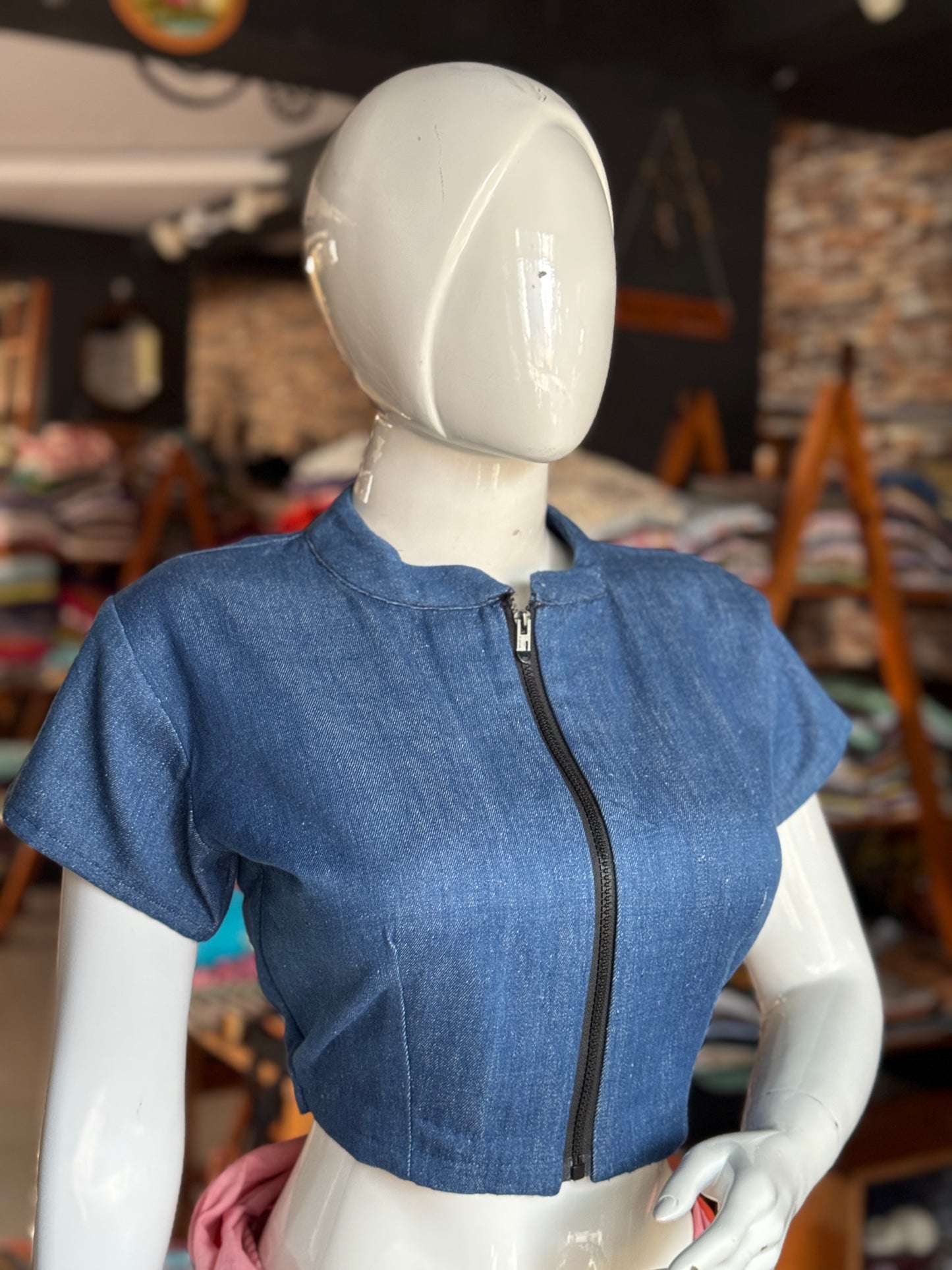 Denim jacket blouse - hand woven, natural dyed denim with zipper, wear it like a blouse, crop top or a jacket