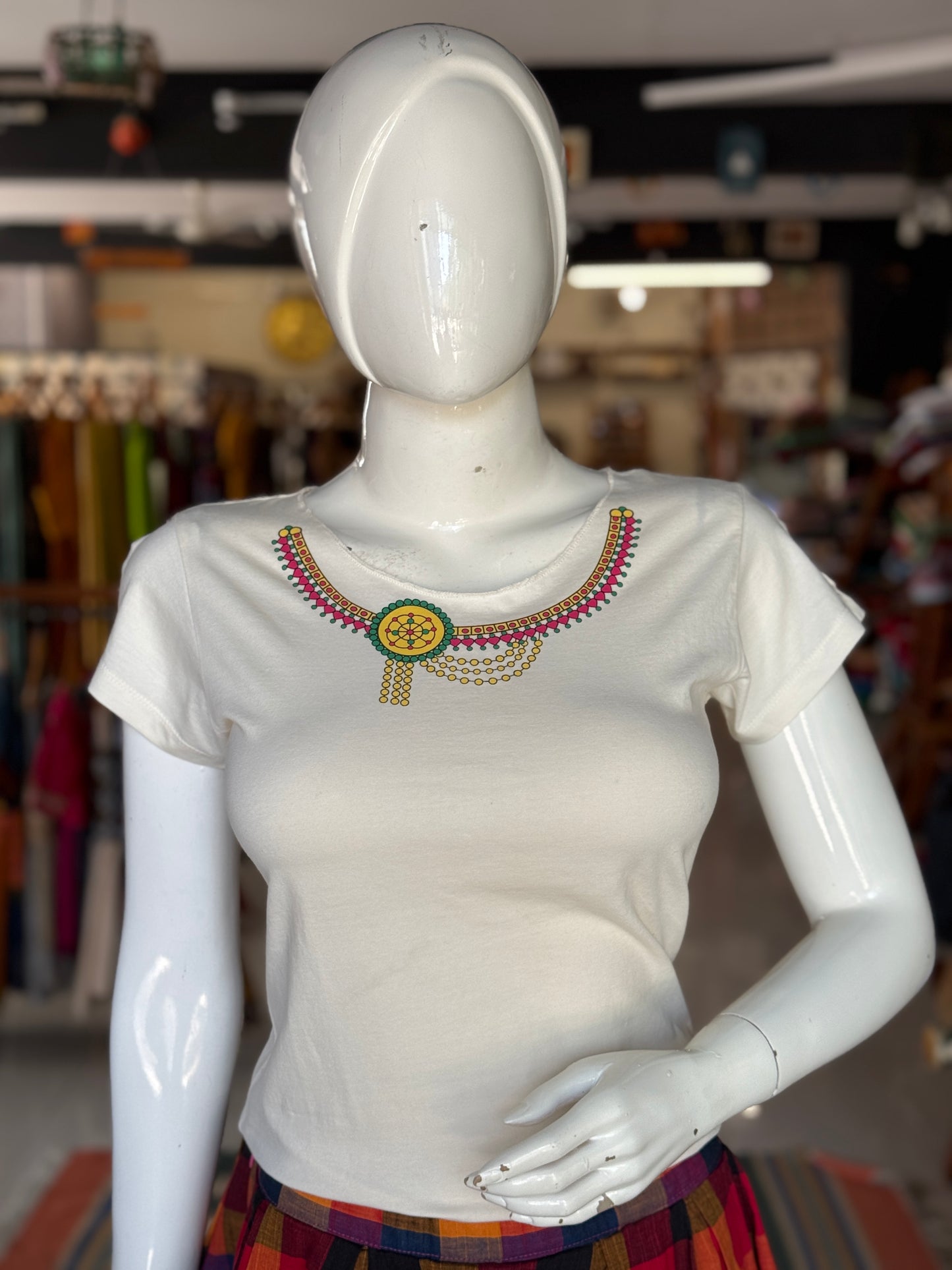 Off white women’s tee - cotton, with quirky necklace print along the neckline