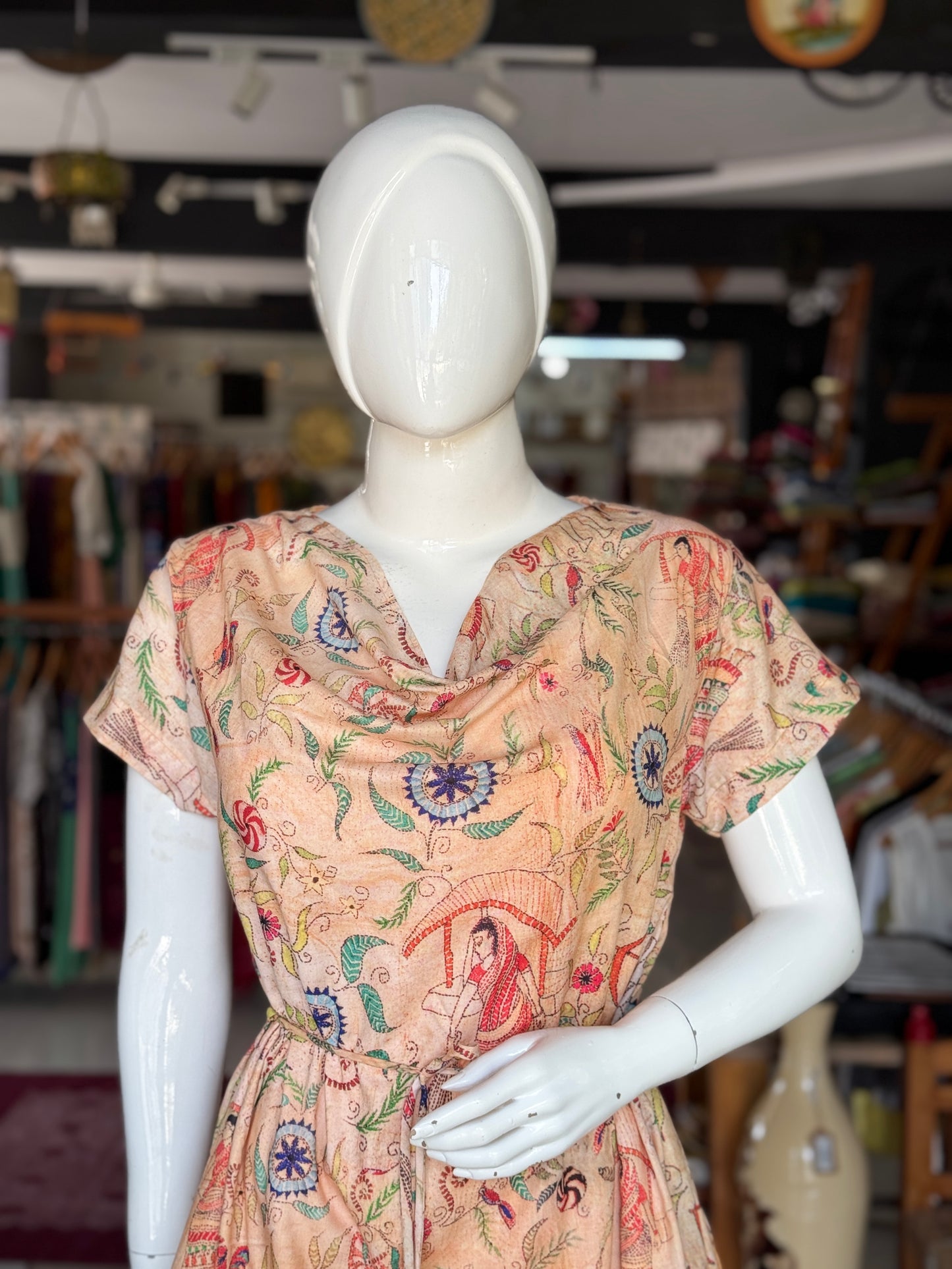 Cowl neck digital printed sandal tone relaxed fit dress
