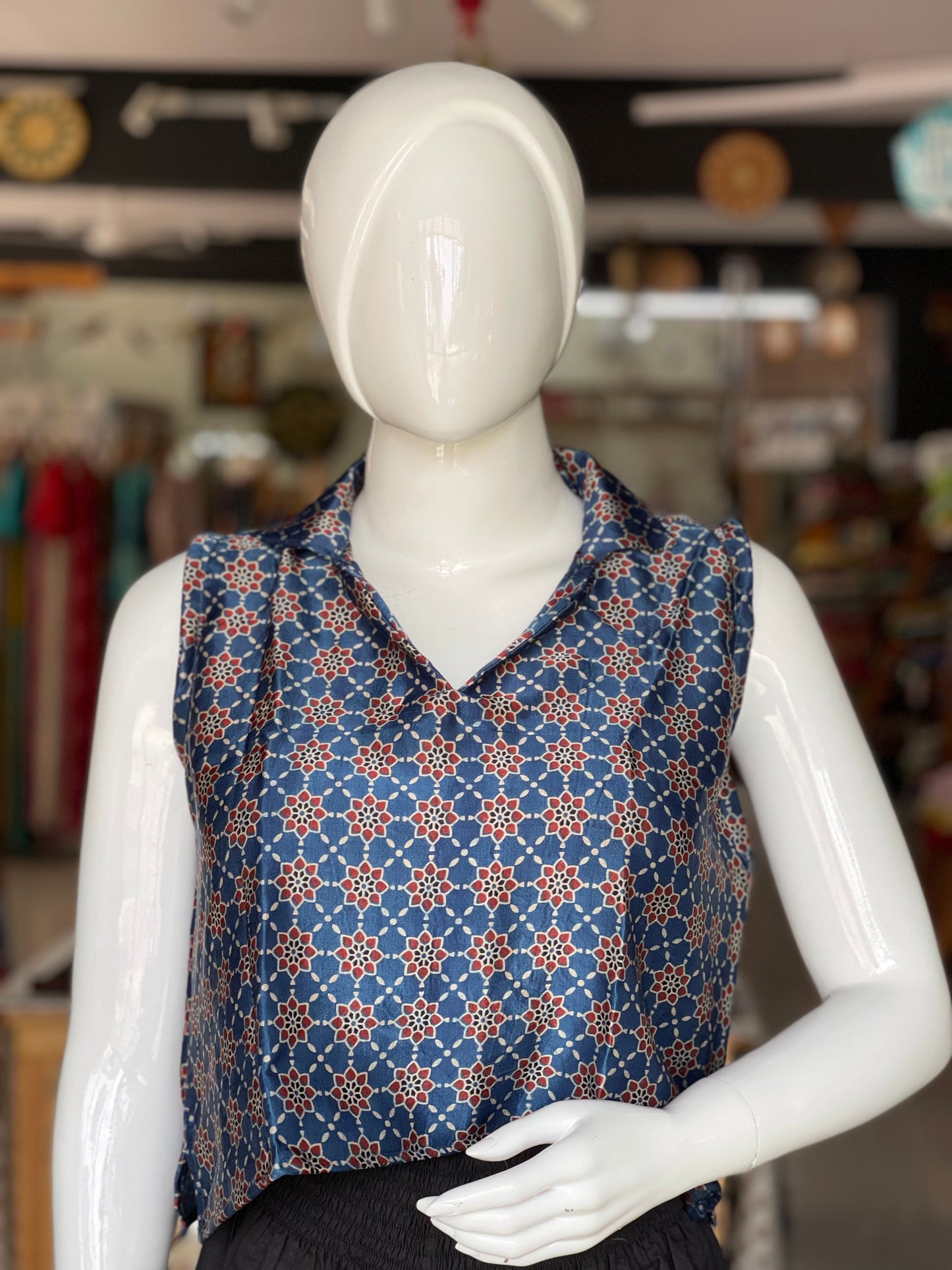 Mashru collared sleeveless crop top / blouse in Ajrakh hand block print