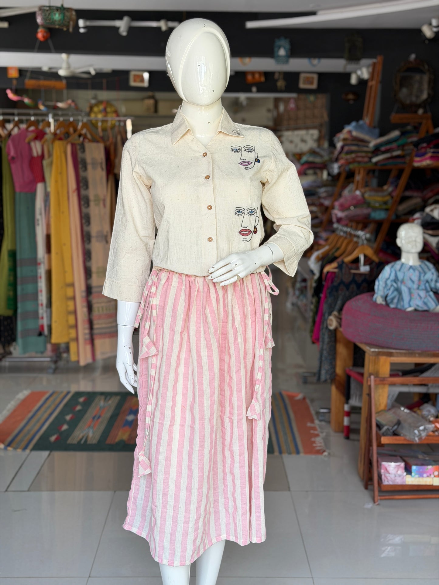 Light pink and off white stripes hand woven kala cotton viral jalu skirt with pockets - free size with both sides draw string