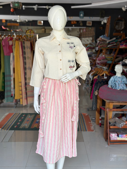 Hand embroidered Off white organic kala cotton shirt for women