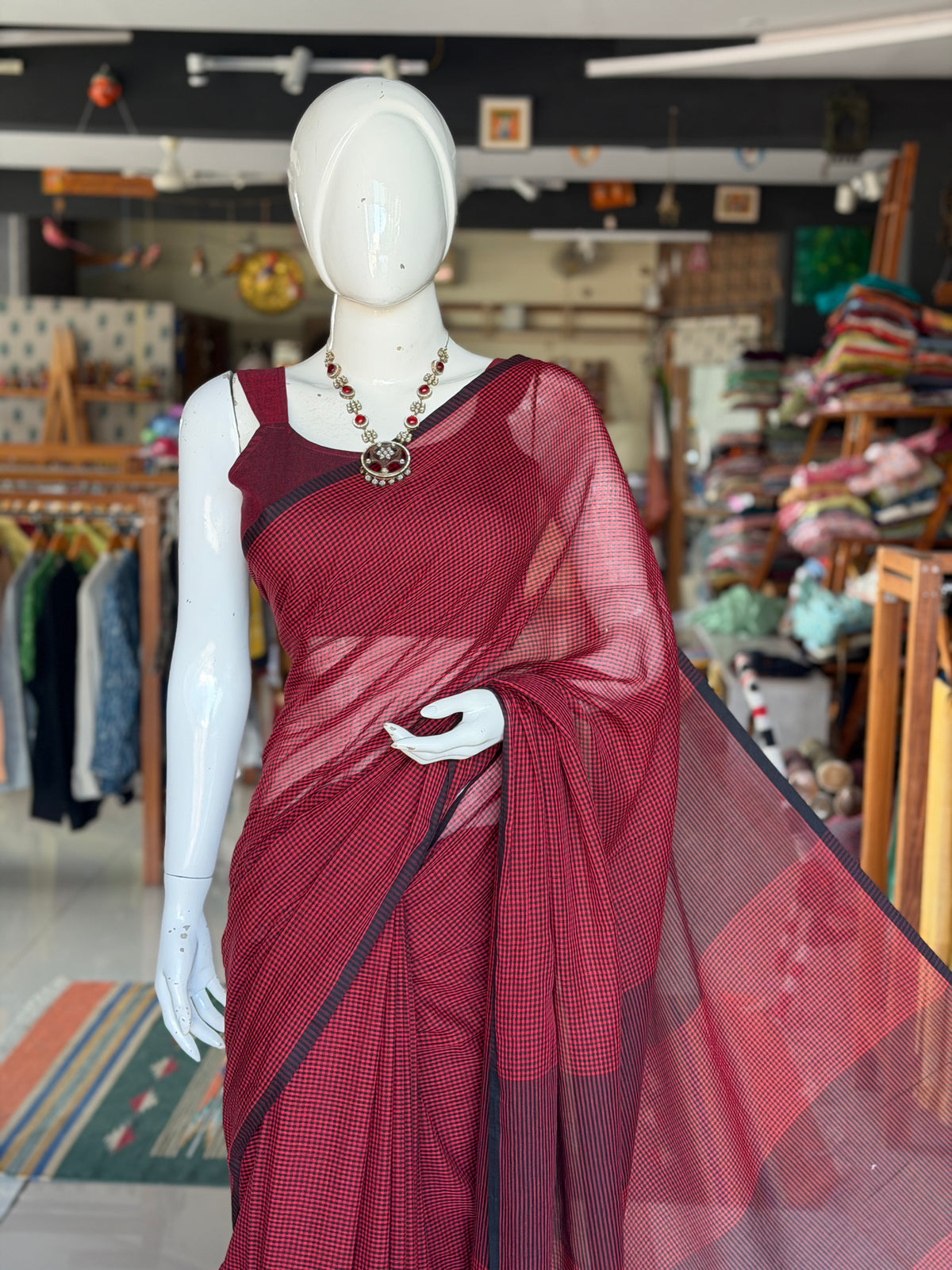 Maroon soft handwoven mul cotton fine checks saree