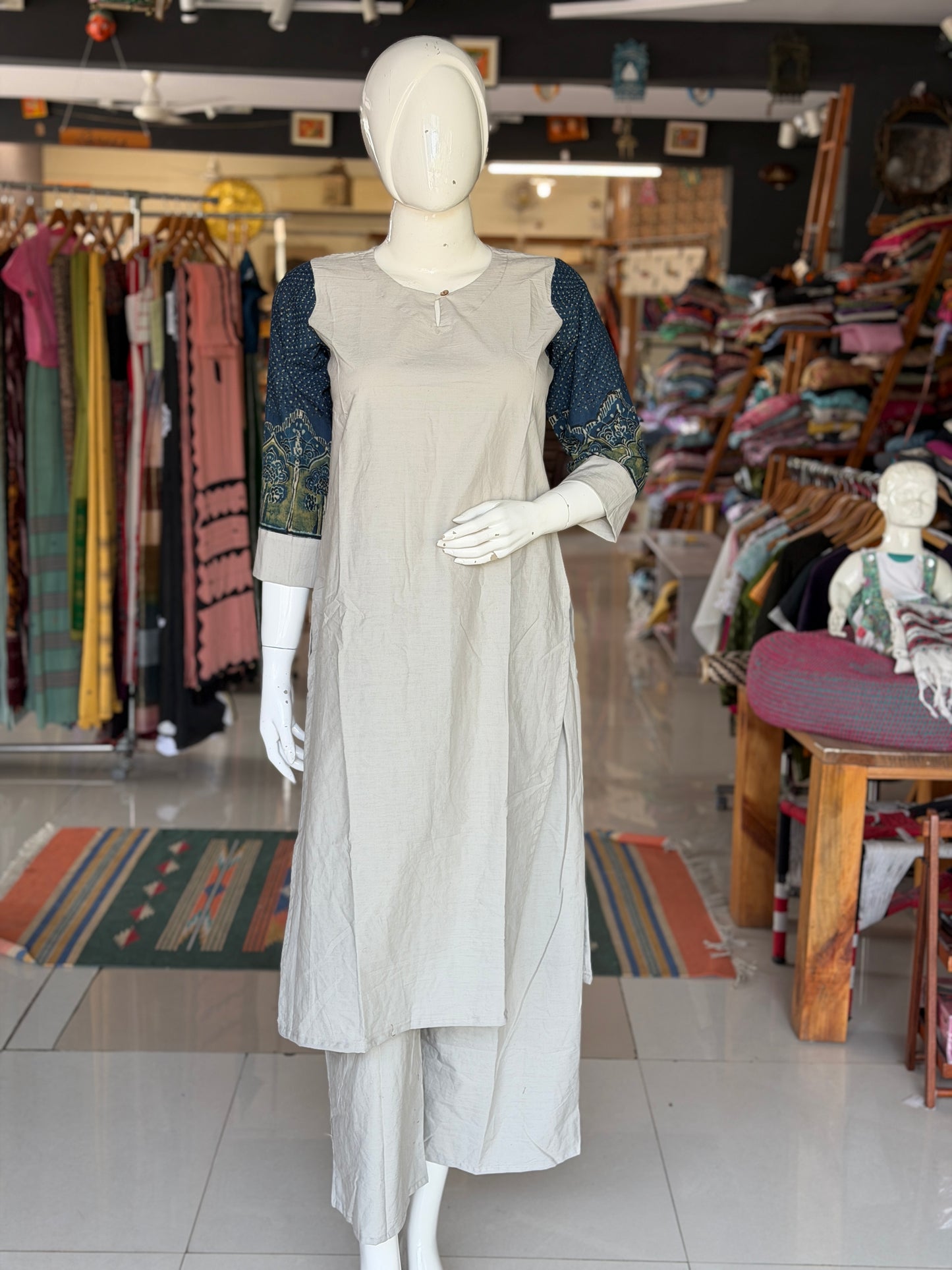 Grey cotton kurta and pants coord set with indigo Ajrakh sleeves