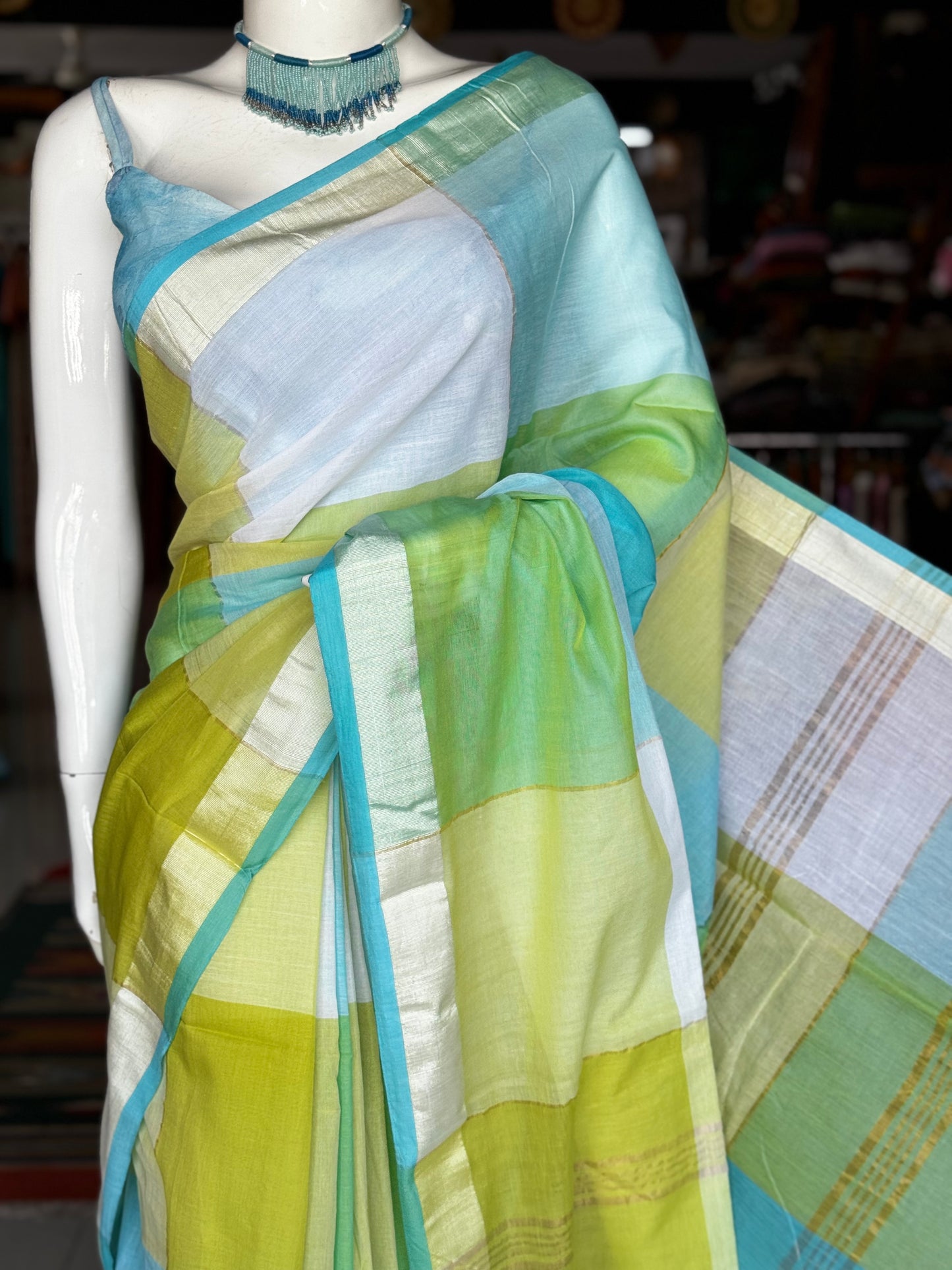 Blue green and white pastel color block handwoven cotton saree