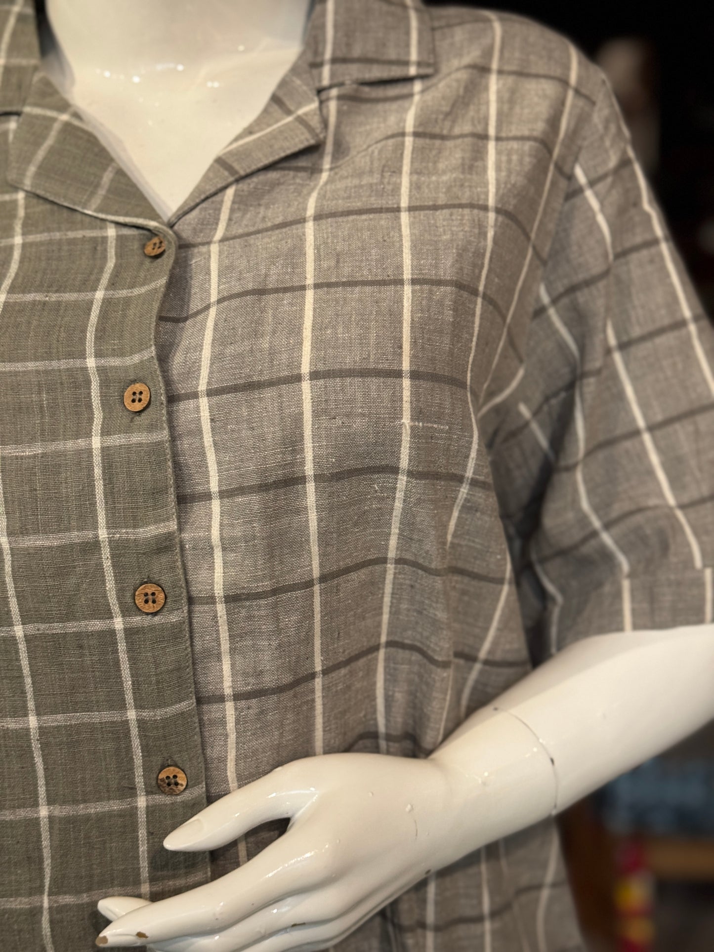 Grey green half n half hand woven kala cotton shirt for women