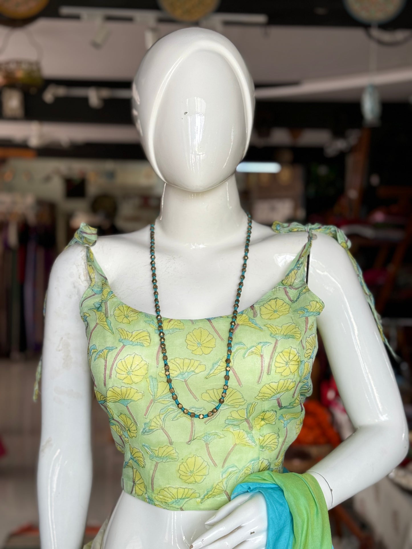 Green chiffon floral hand block printed tie up straps blouse