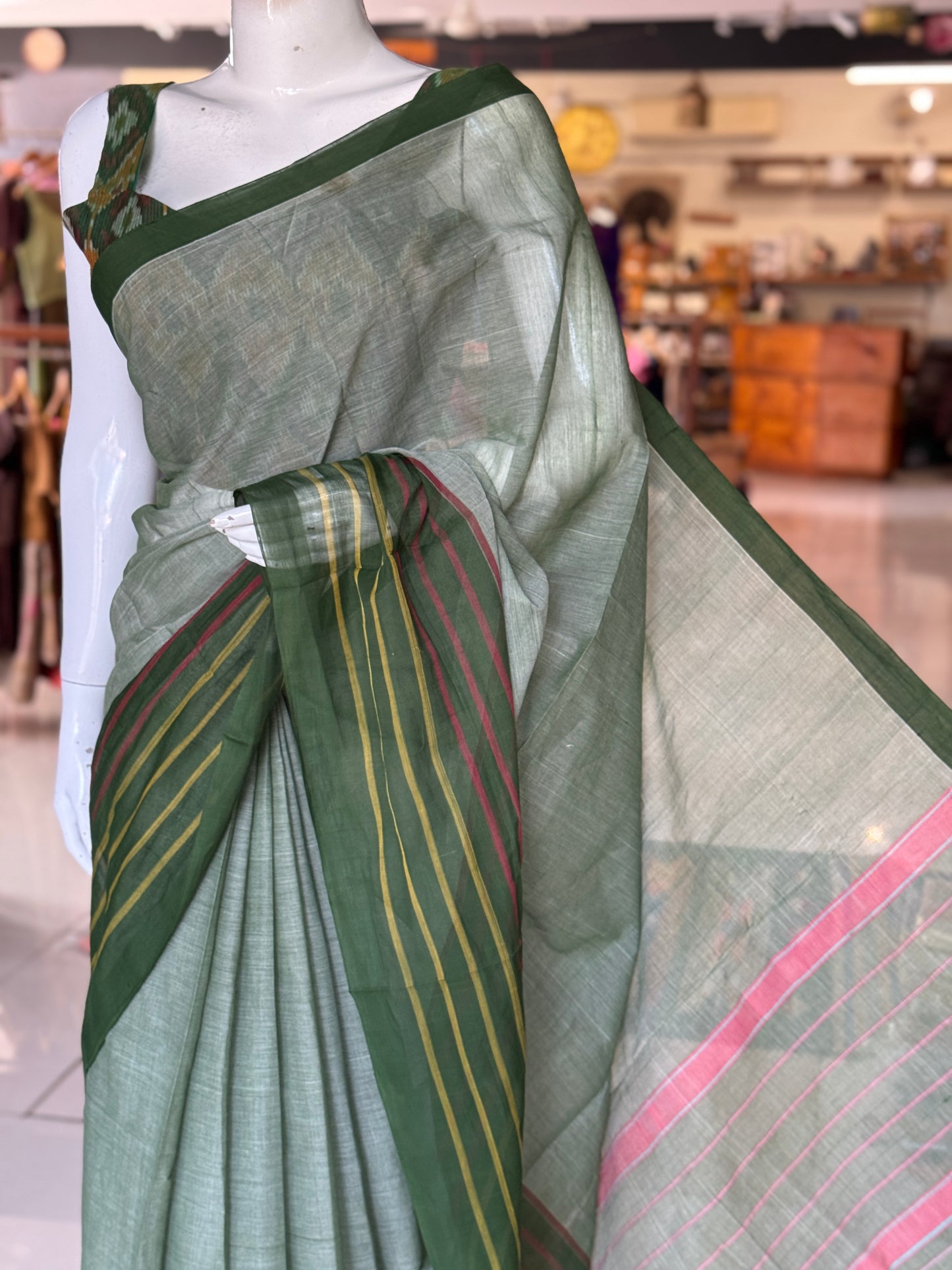 Dark green plain cotton saree with stripes wide border light weight soft handloom Bobbili cotton saree