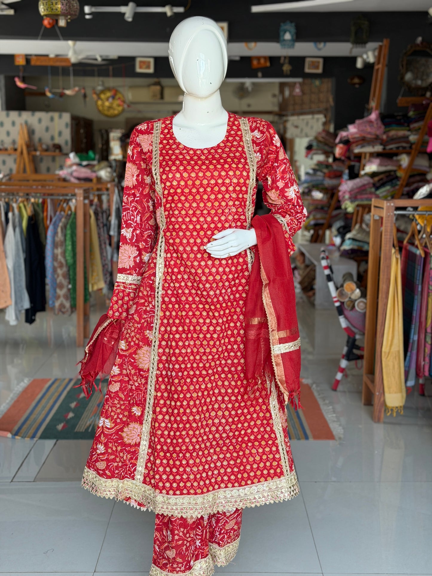 Red floral hand block print with lace detailing flared kurti, pants and dupatta - 3 piece set