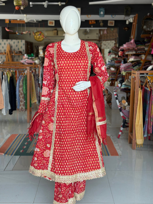 Red floral hand block print with lace detailing flared kurti, pants and dupatta - 3 piece set
