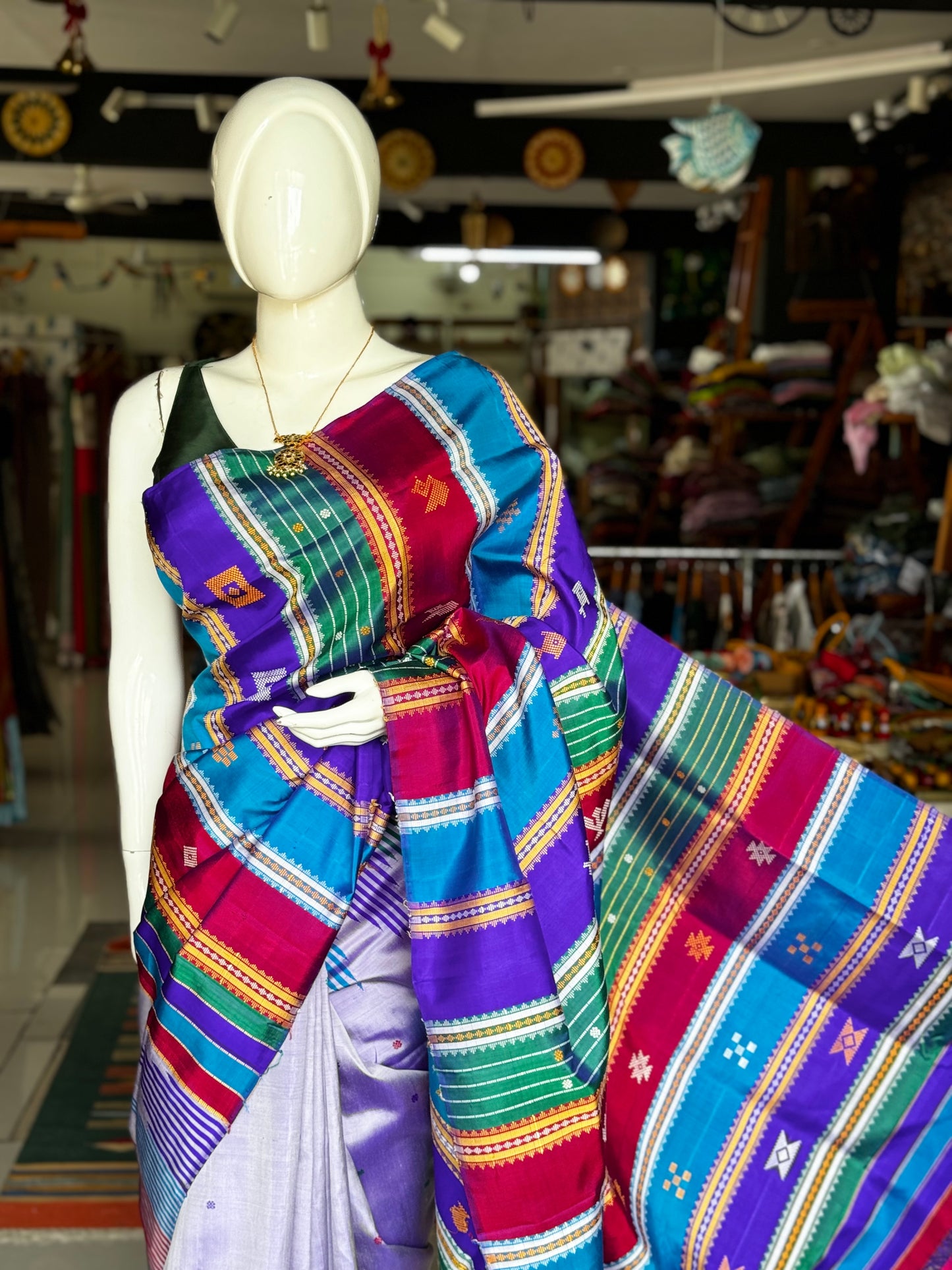 Lavender Brahmapuri silk handwoven saree with unique stripes temple border and colourful double palla