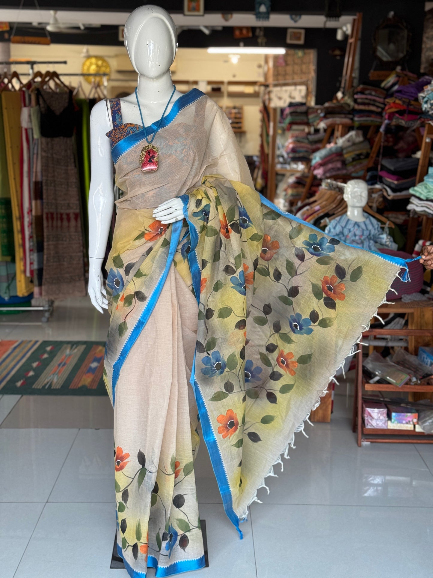 Hand painted floral Bengal cotton saree - colors and designs available