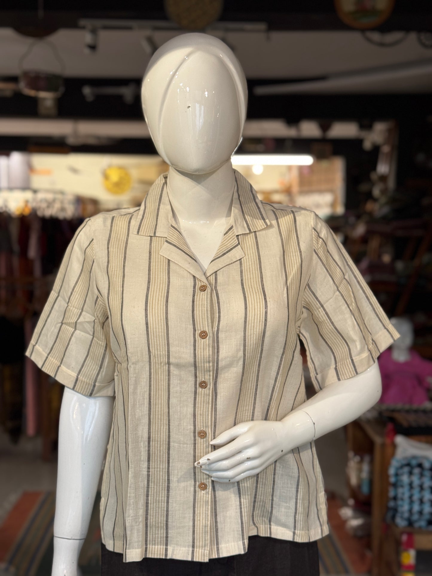 Grey Beige stripes on cream soft handwoven cotton collared shirt for women