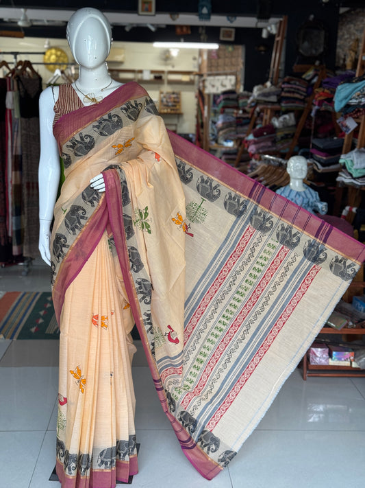 Sandal tone hand block printed Chettinad cotton saree - birds and butterflies