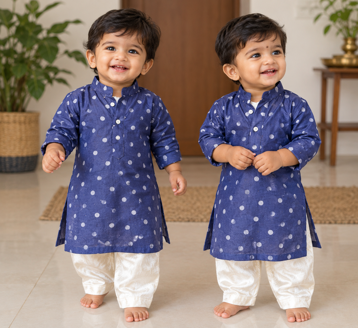 Blue polka dots batik long kurta for boys