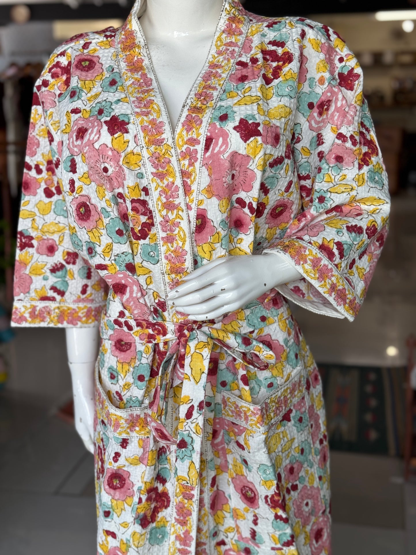 Hand block printed waffle cotton bath robe / swim suit cover up for adults - multiple designs
