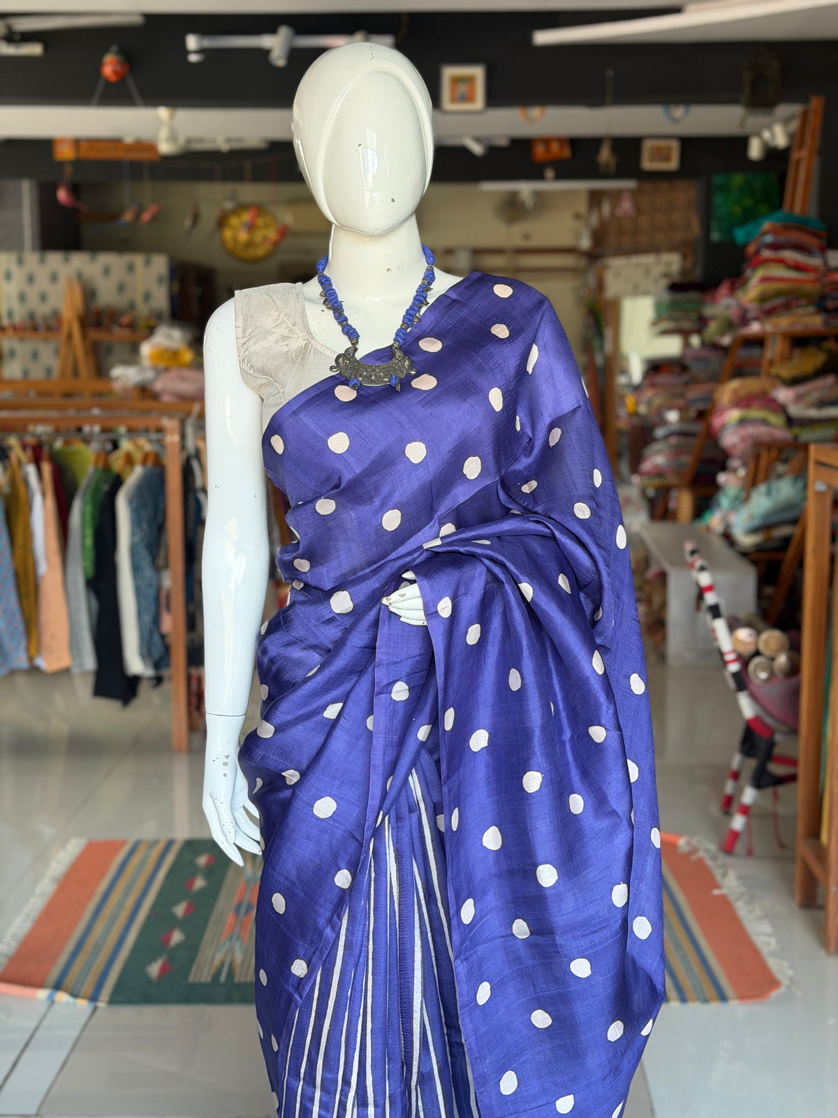 Blue dots and stripes hand painted, hand batik soft 3 ply Murshidabad silk saree