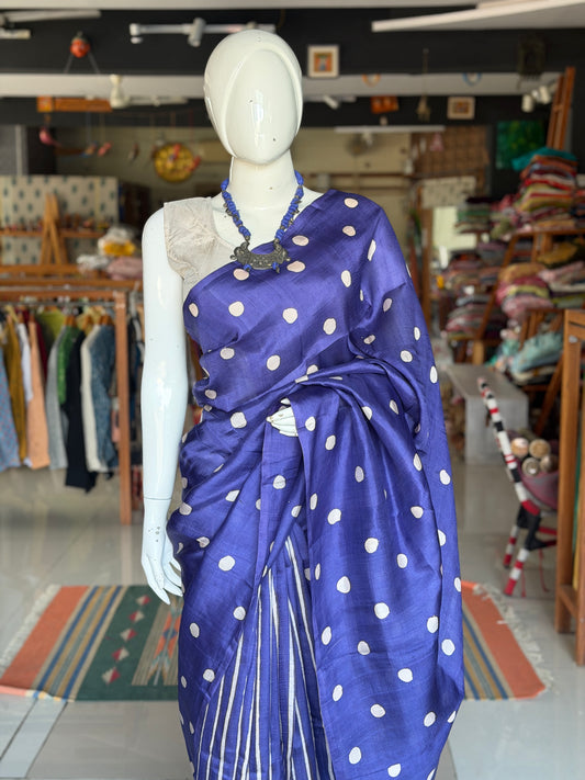 Blue dots and stripes hand painted, hand batik soft 3 ply Murshidabad silk saree
