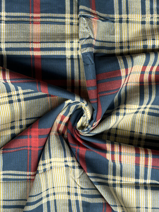 Blue red white vintage look big checks screen printed cotton fabric