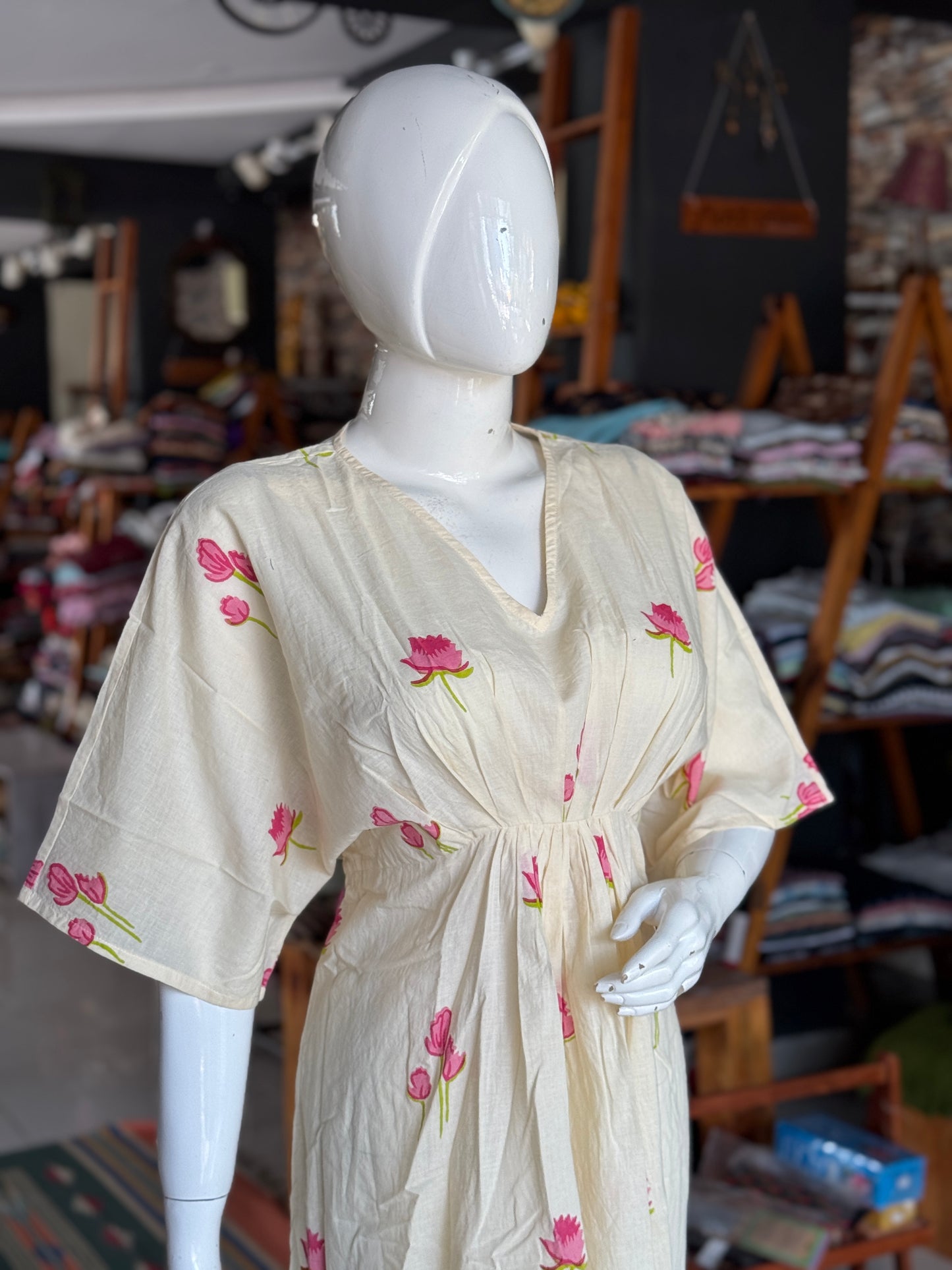 Cream cotton hand block printed kaftan dress with pink motifs