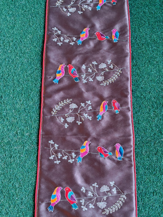 Hand embroidered table runner with zardosi, gota work and colorful birds