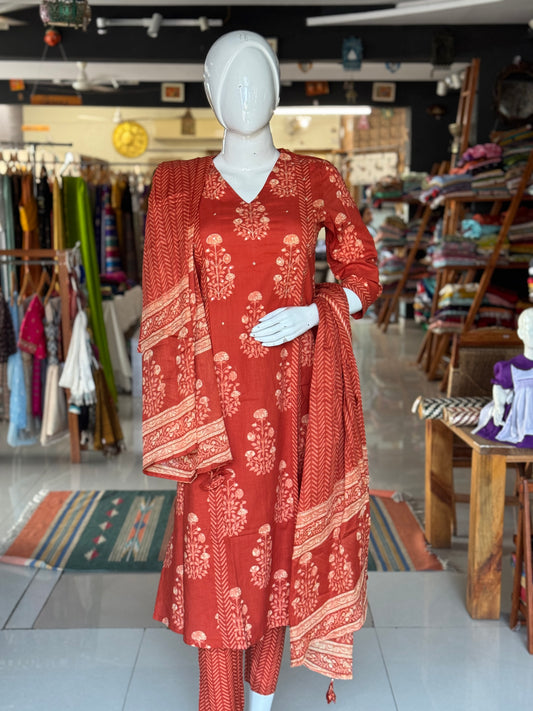 Rust orange cotton a-line kurti, pants and dupatta set - with hand embroidery and hand block print