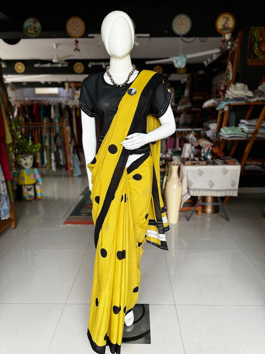 Yellow hand embroidered designer soft cotton saree