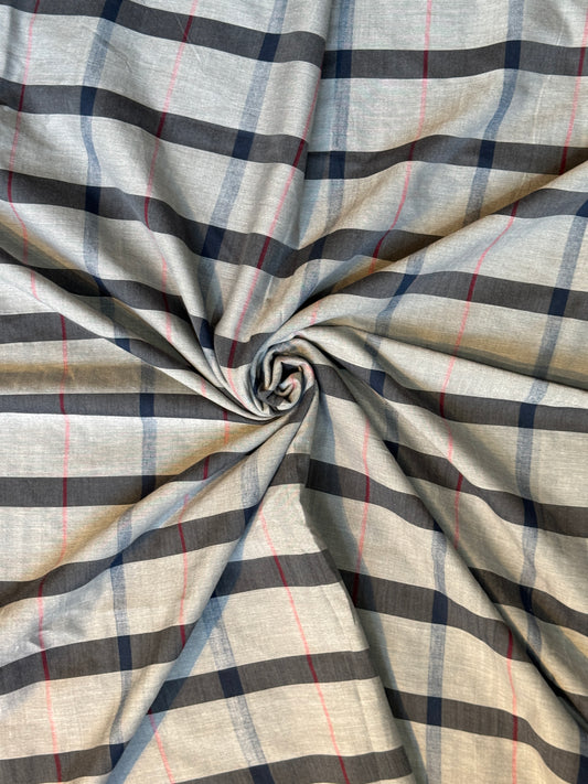 Grey black and red checks soft pure cotton handwoven fabric