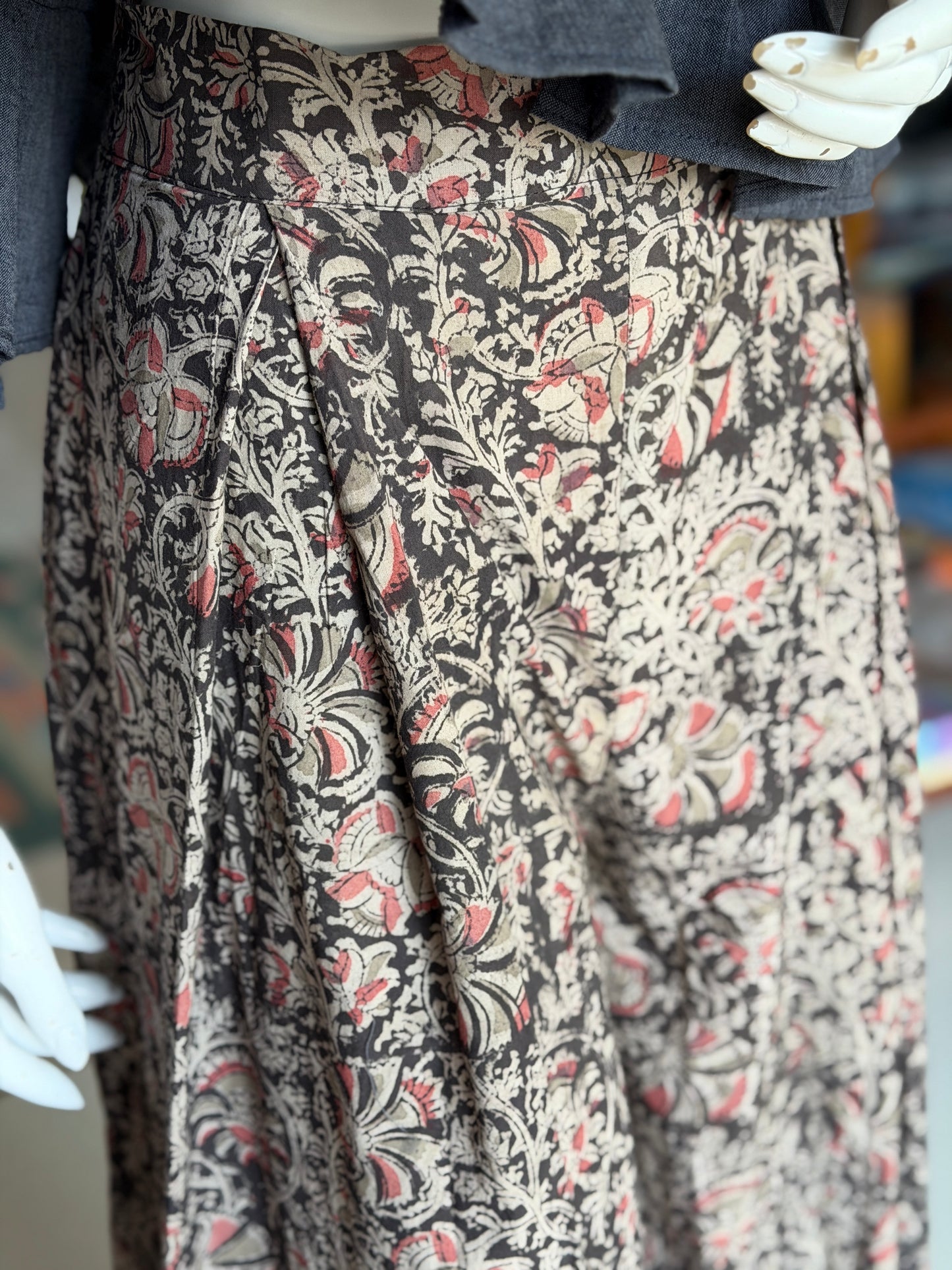 Black Kalamkari hand block printed cotton barrel pants