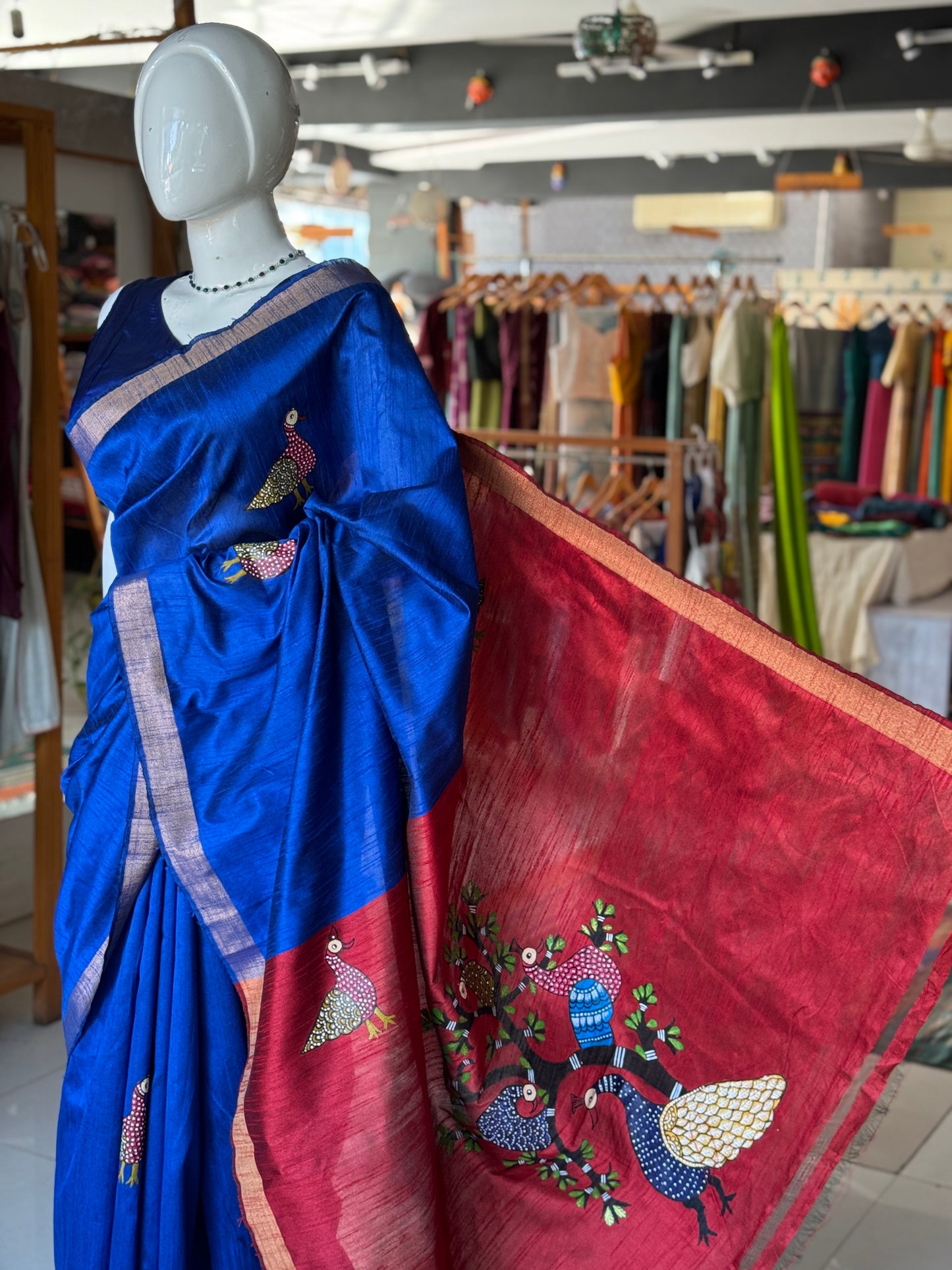 Royal blue Gond hand painted, hand woven raw silk saree