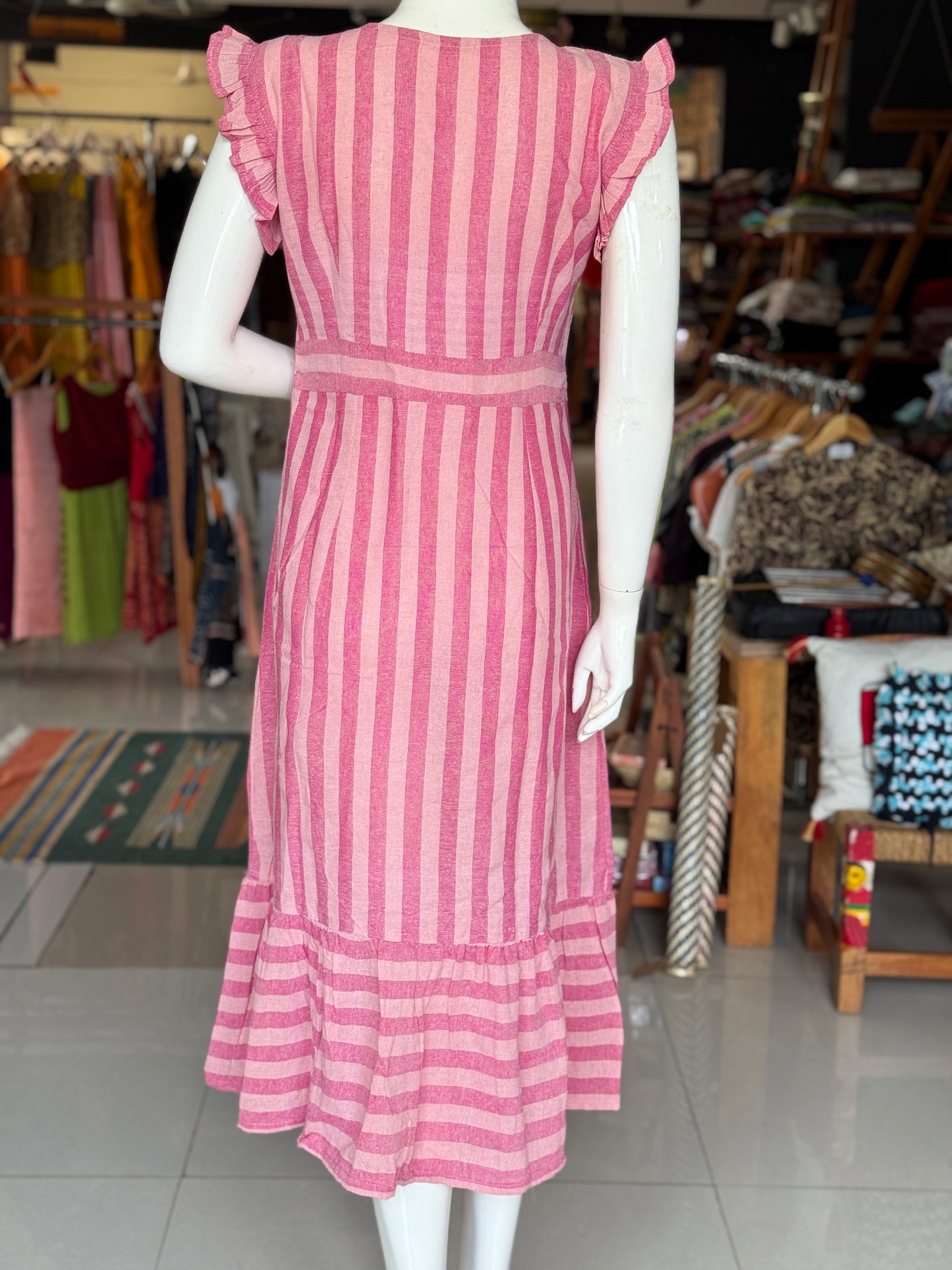 Pink stripes kala cotton, handwoven dress with gathered hem