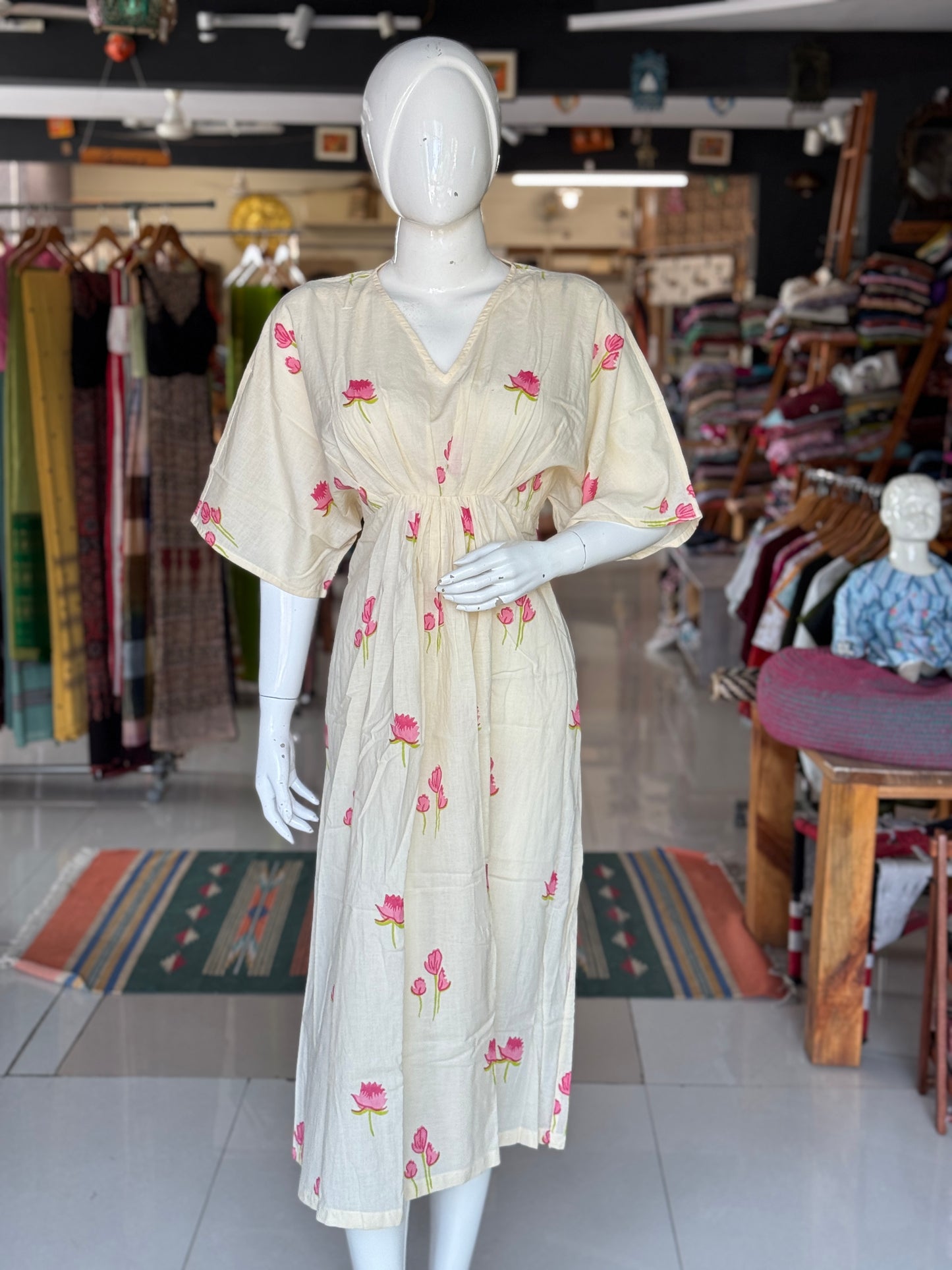 Cream cotton hand block printed kaftan dress with pink motifs