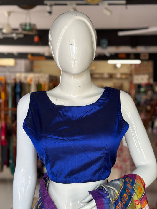 Royal blue plain pure silk handwoven sleeveless blouse