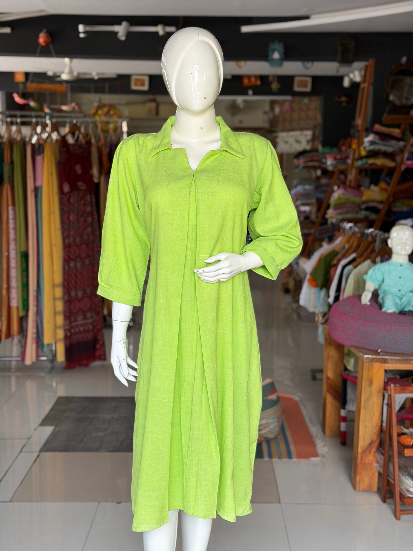 Lime green plain cotton hand spun, hand woven collared dress