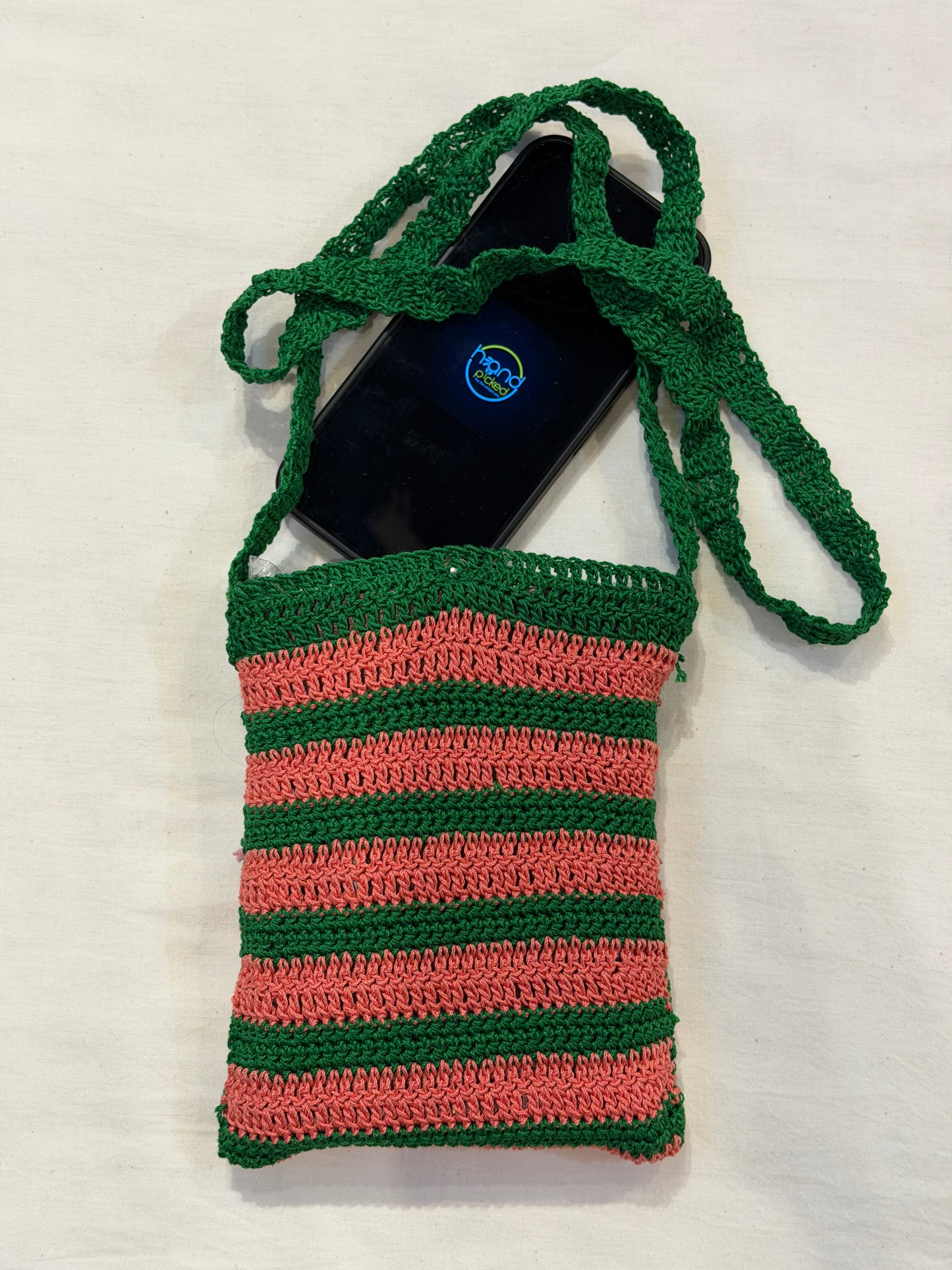 Sling bag for mobile phones - handcrafted crochet bag with click button closure - color options available