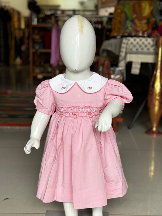 Pink smocking cotton frock with embroidered collar detailing and hand embroidery