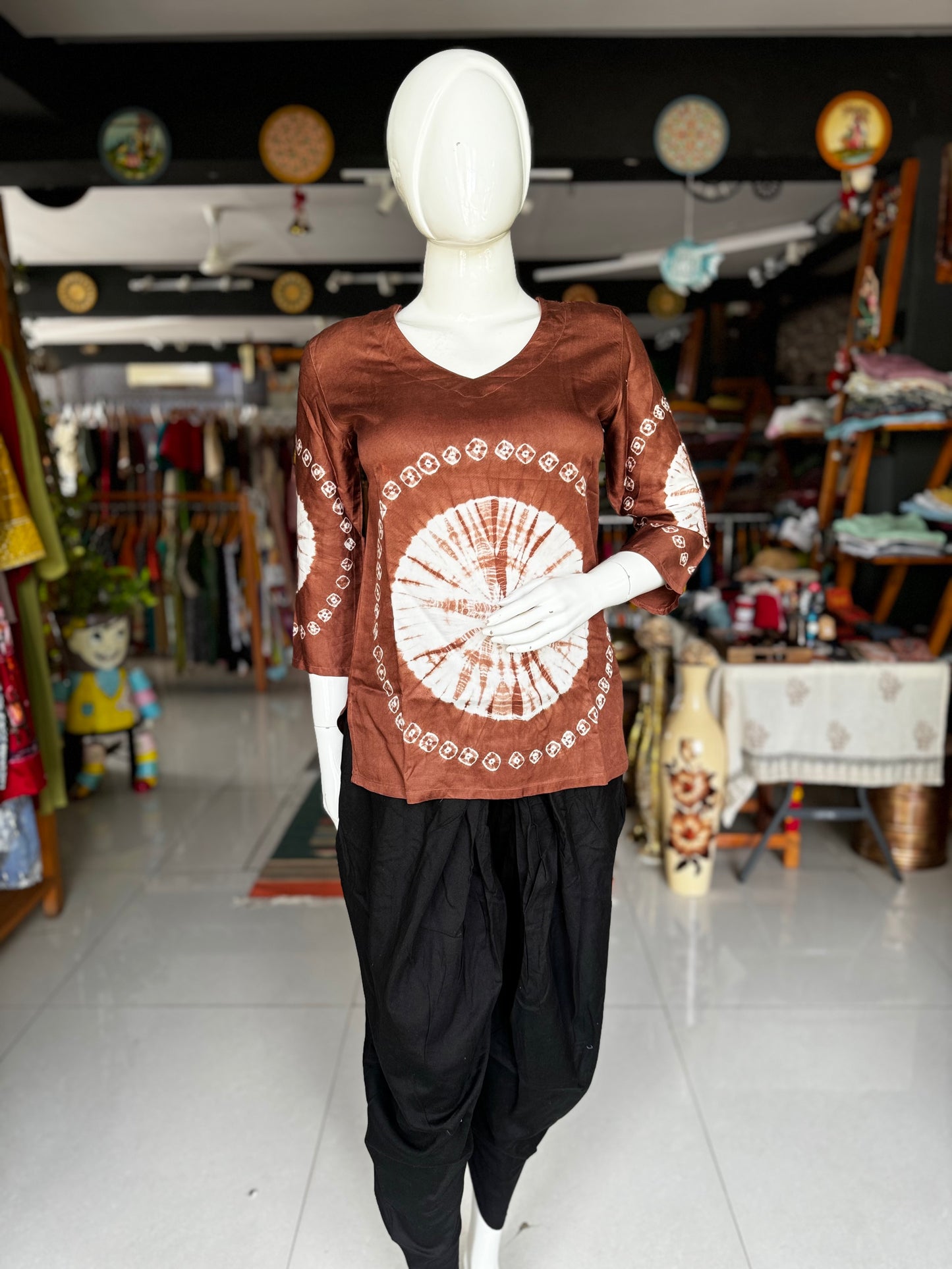 Brown cotton tunic top with hand tie n dye bandini placement