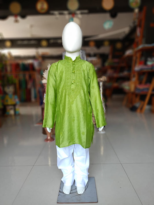 Chikankari hand embroidered kurta with white pyjamas set for boys