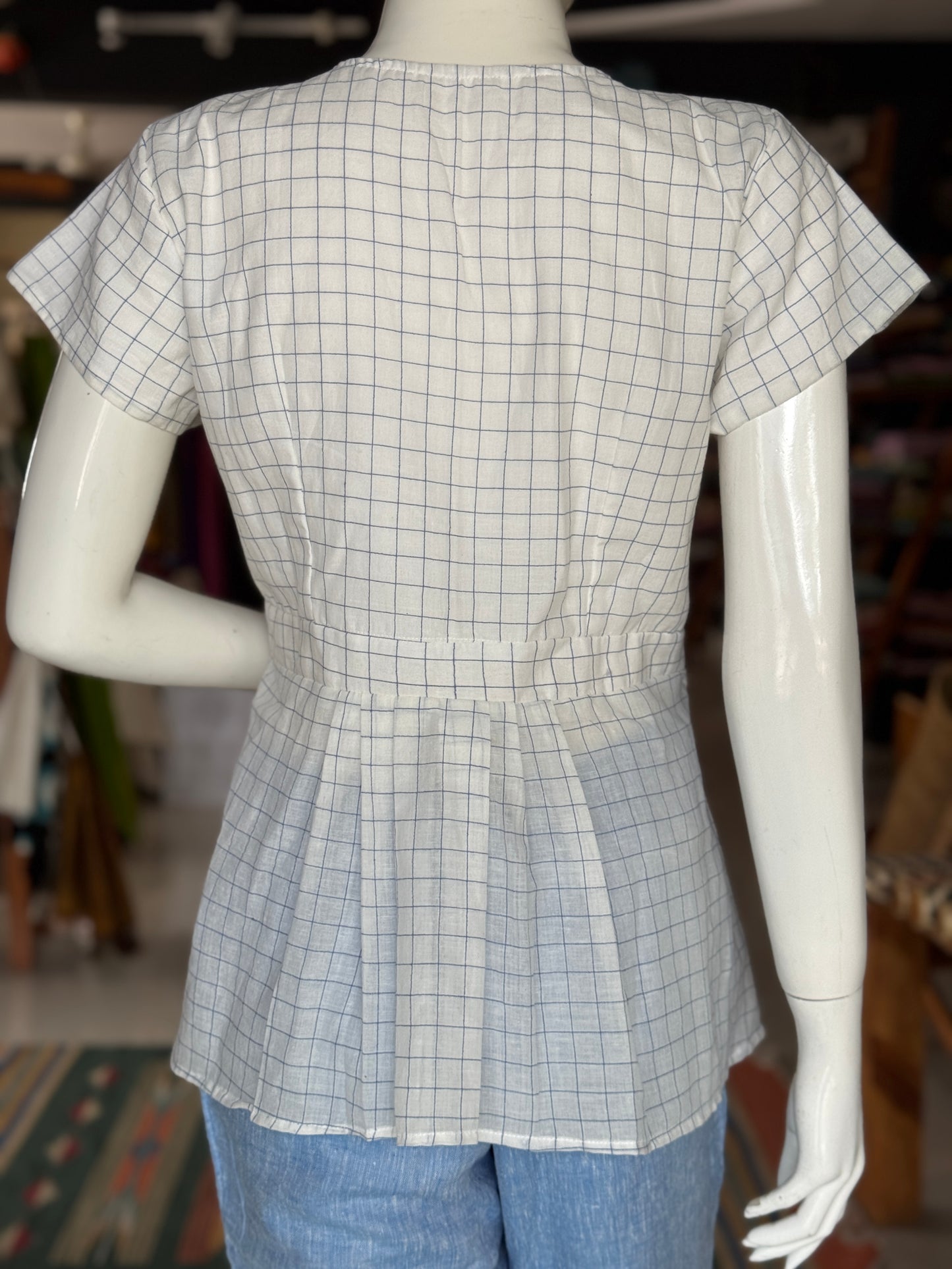 White with blue checks soft cotton handloom top