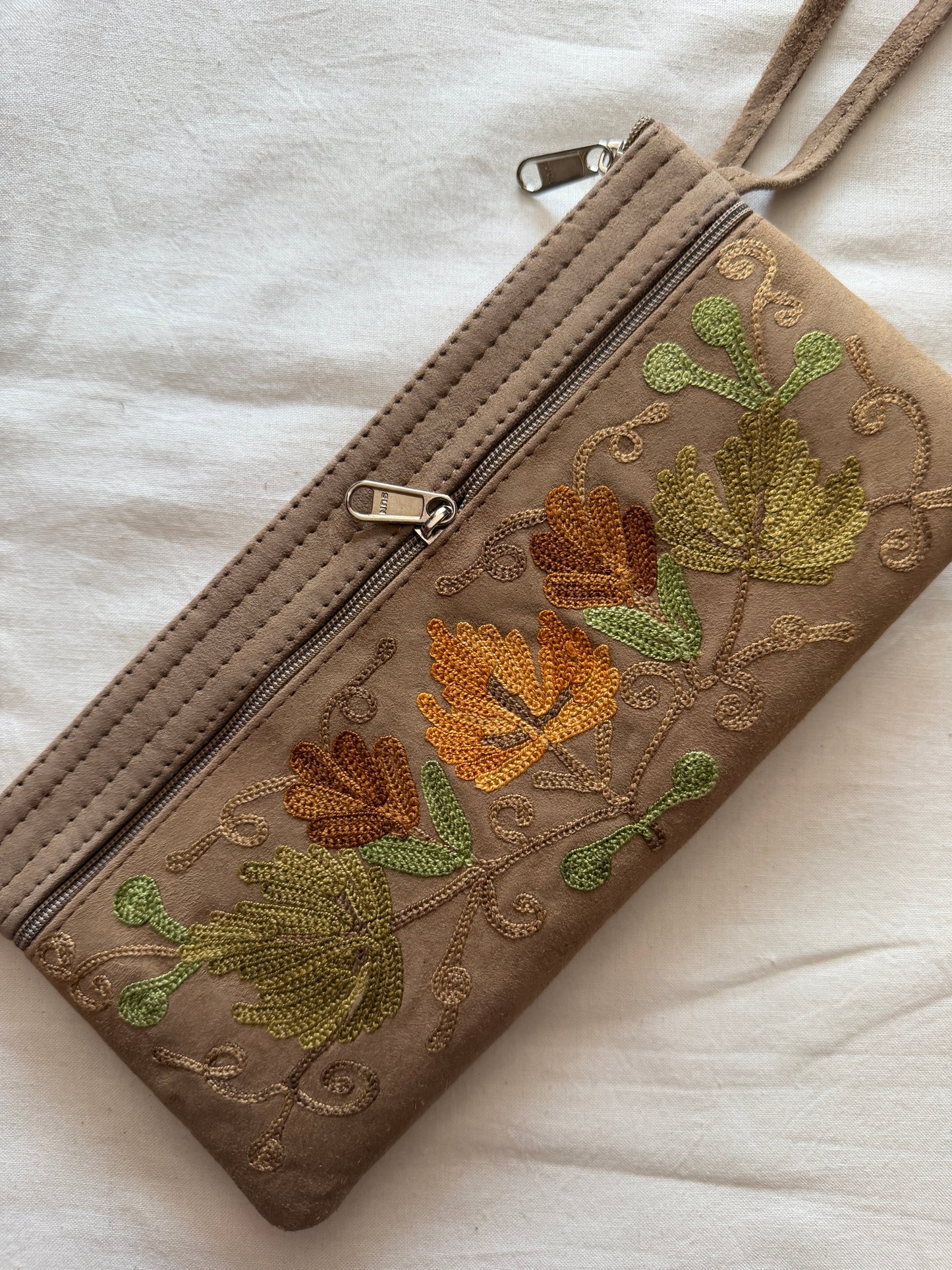 Wristlet pouch with Kashmiri floral Aari embroidery - 3 zippers - color options available