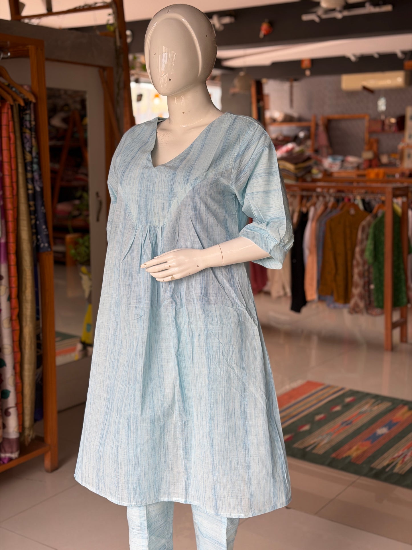 Light blue brush print handloom cotton kurti n pants coord set - 2 piece set