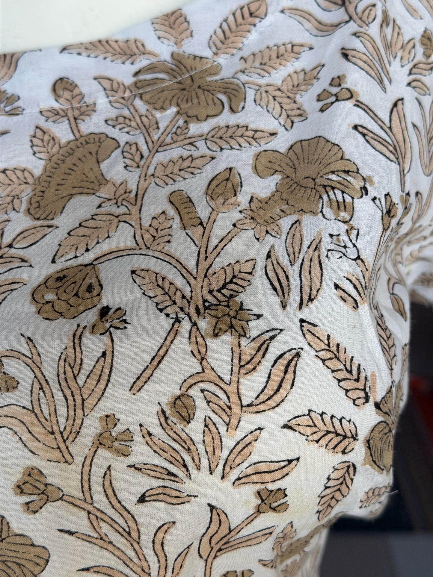 White and brown hand block printed cotton short top / blouse