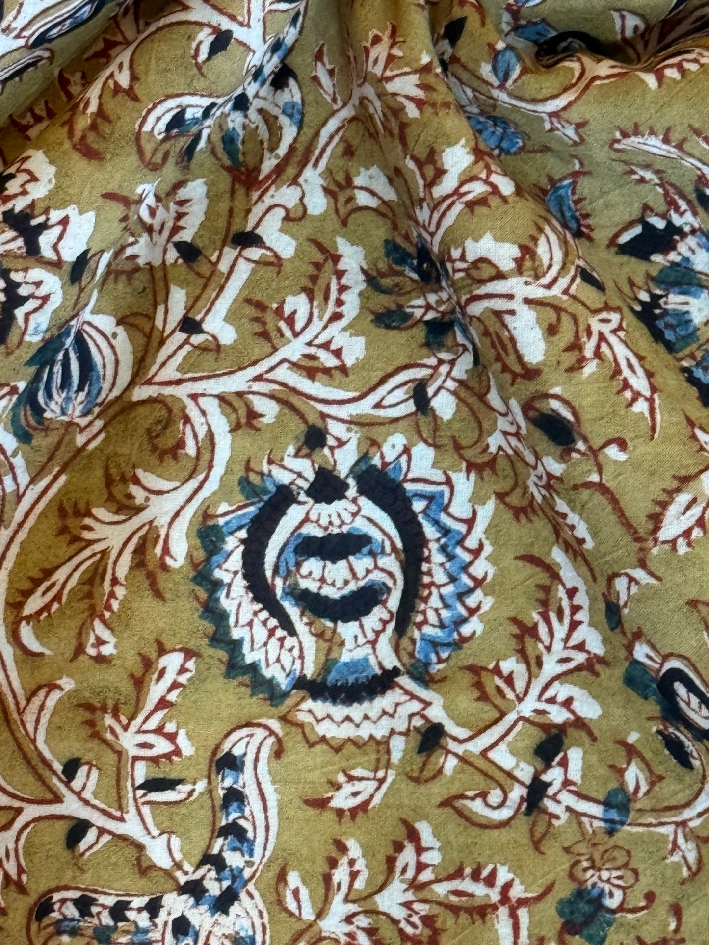 Olive green floral motifs hand block printed natural dyed Kalamkari cotton fabric - 63 inches wide panna