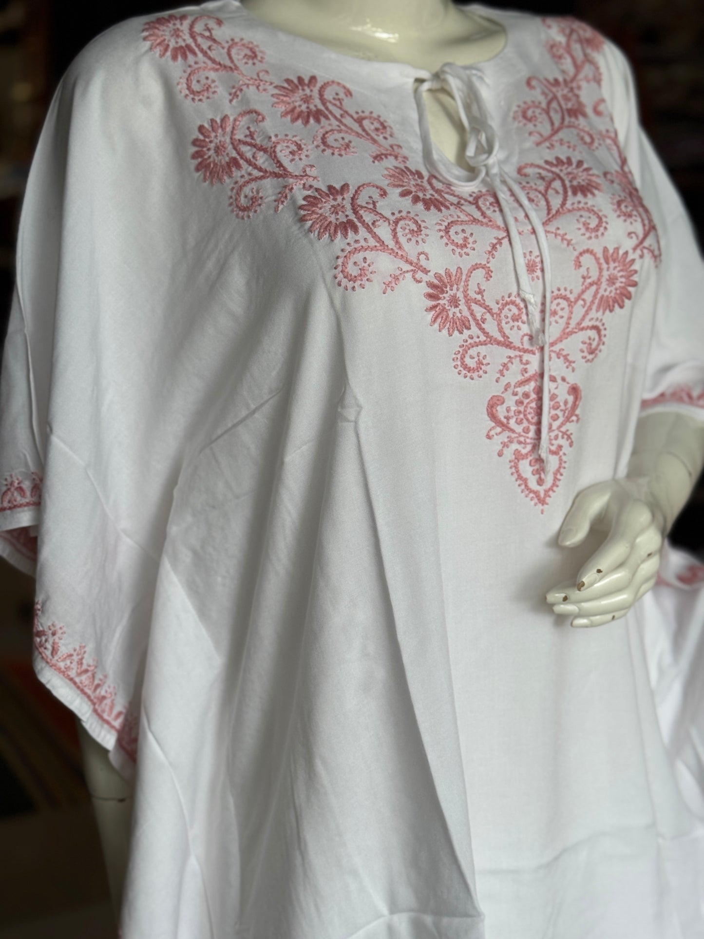 White Chikankari hand embroidered cotton kaftan