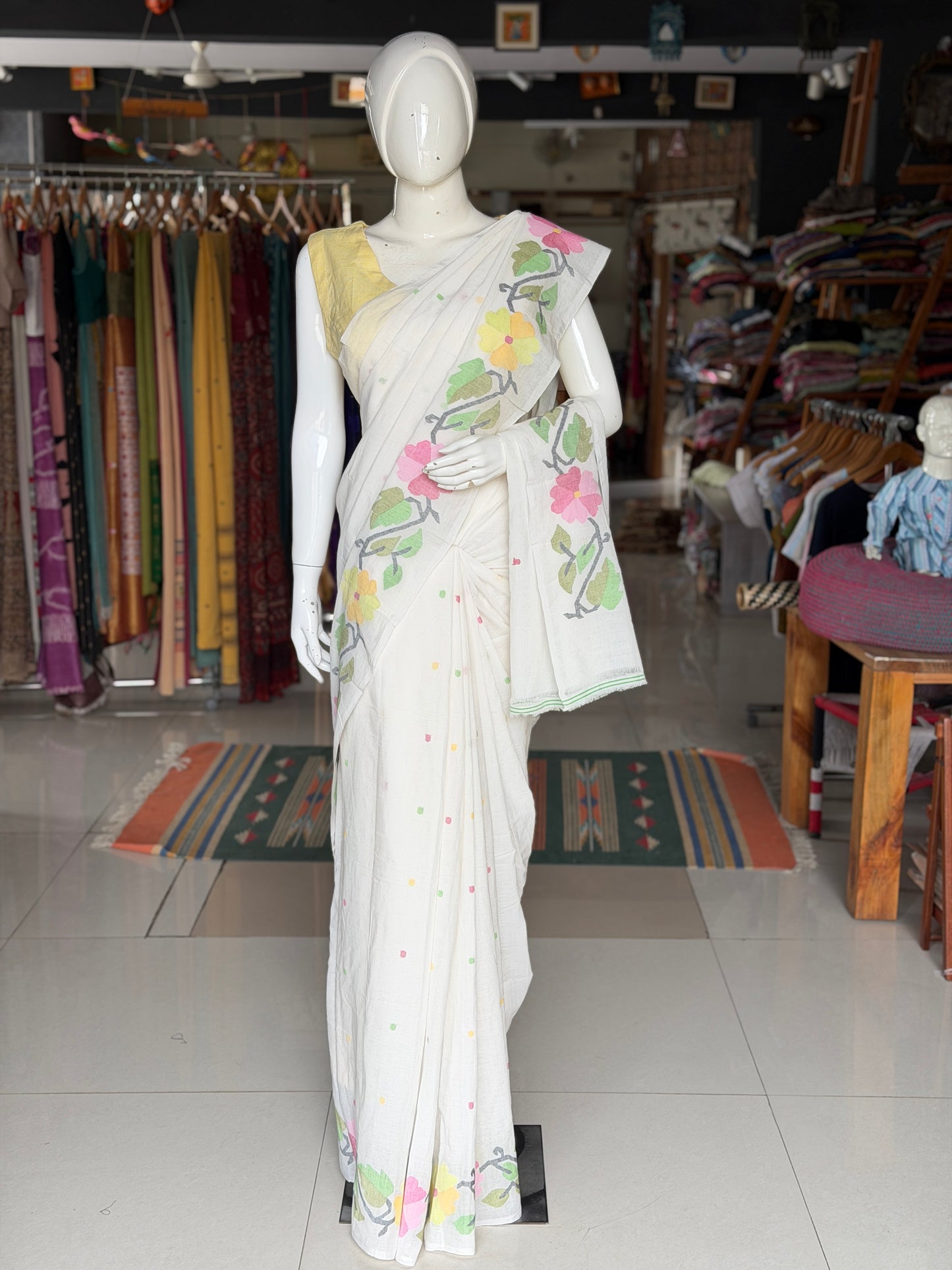 Off white Jamdani soft cotton handloom fabric / yardage saree with multi color floral border