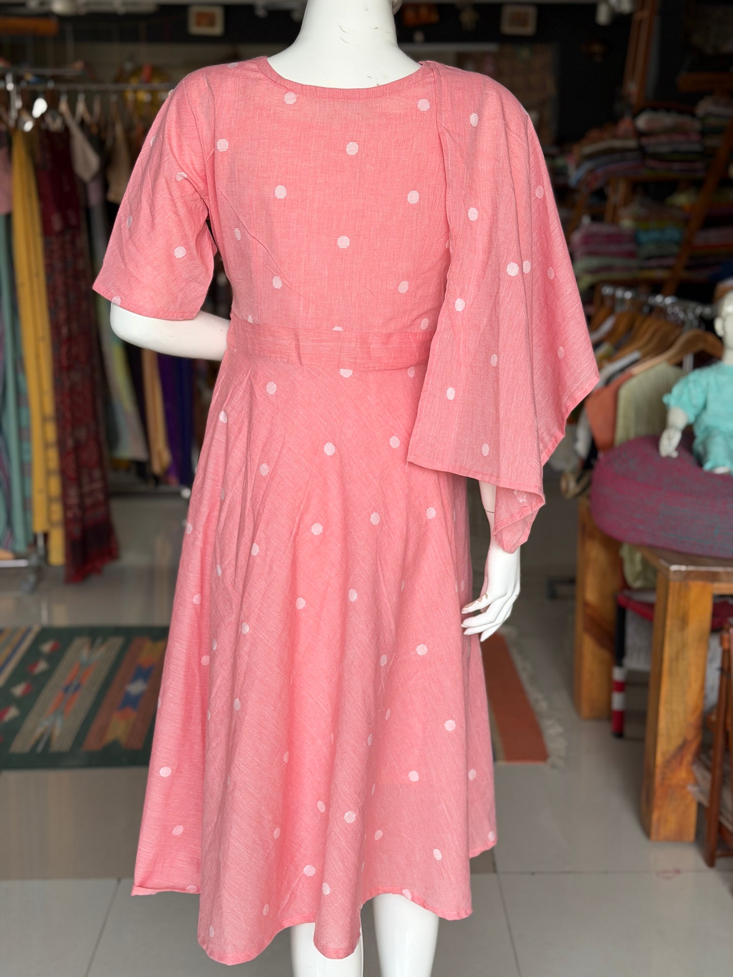 Peach Jamdani soft handloom cotton umbrella dress with attached pleated stole