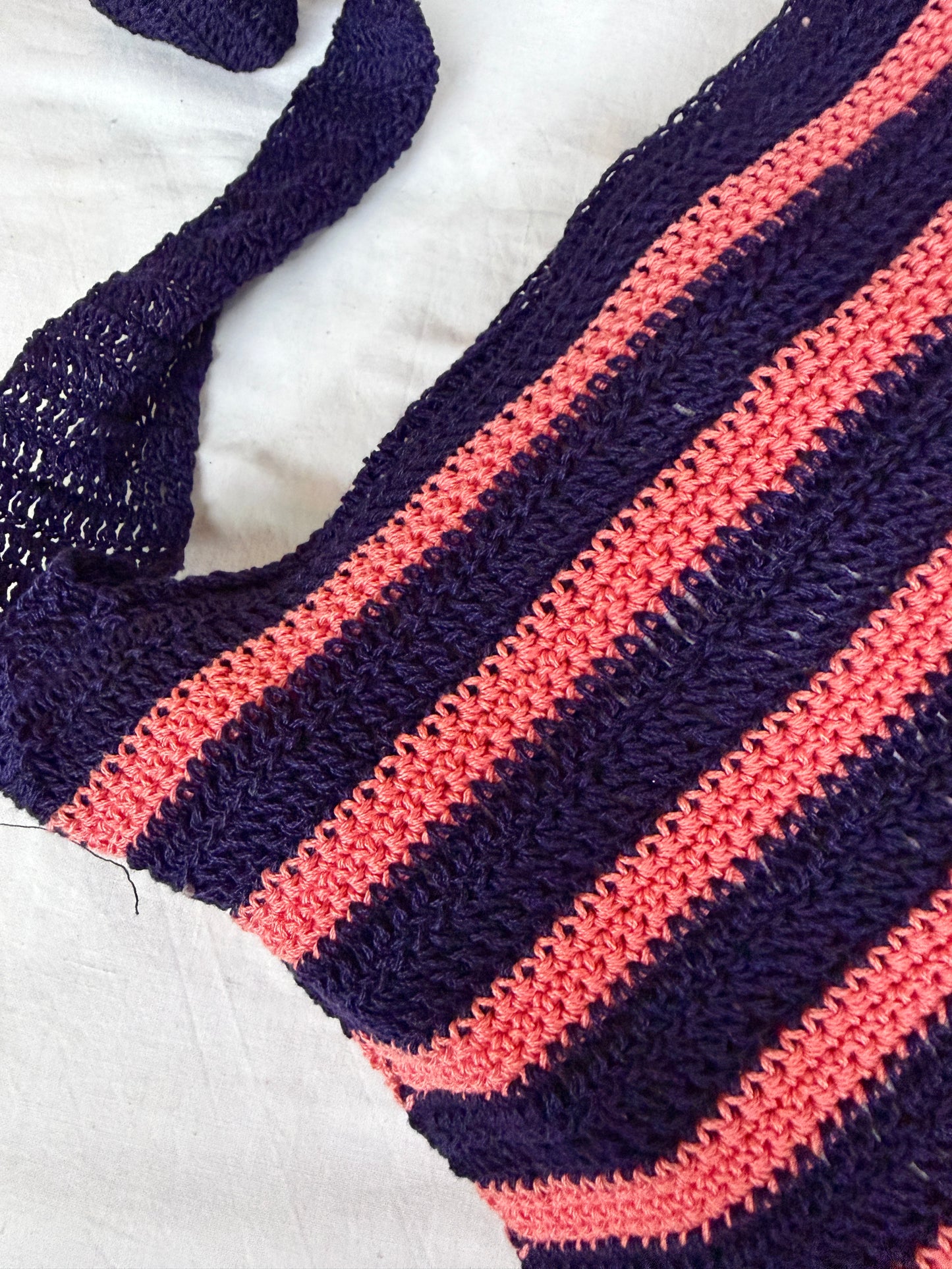 Navy blue and peach zippered wide crochet hand bag with lining - hand made with love