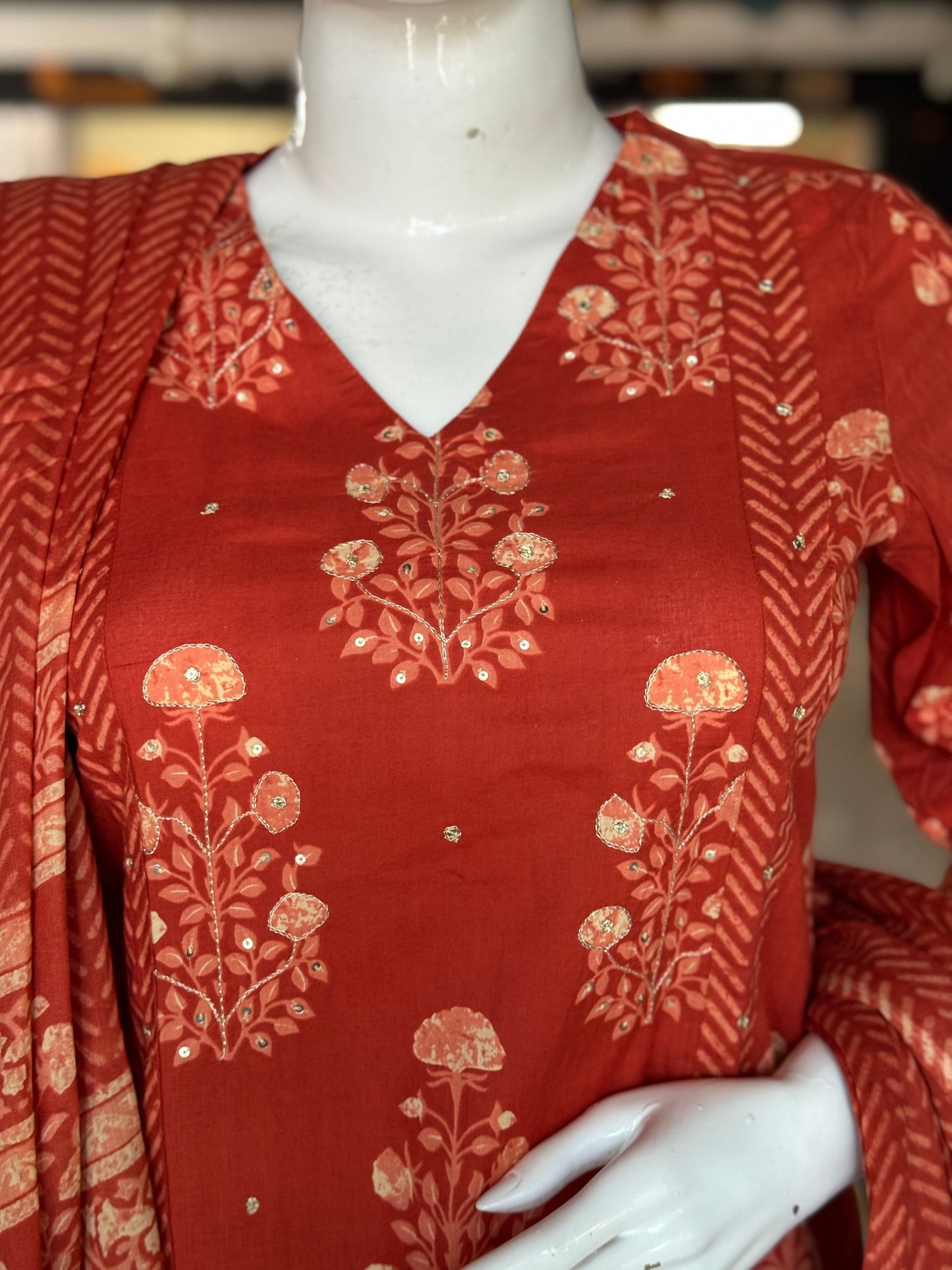 Rust orange cotton a-line kurti, pants and dupatta set - with hand embroidery and hand block print