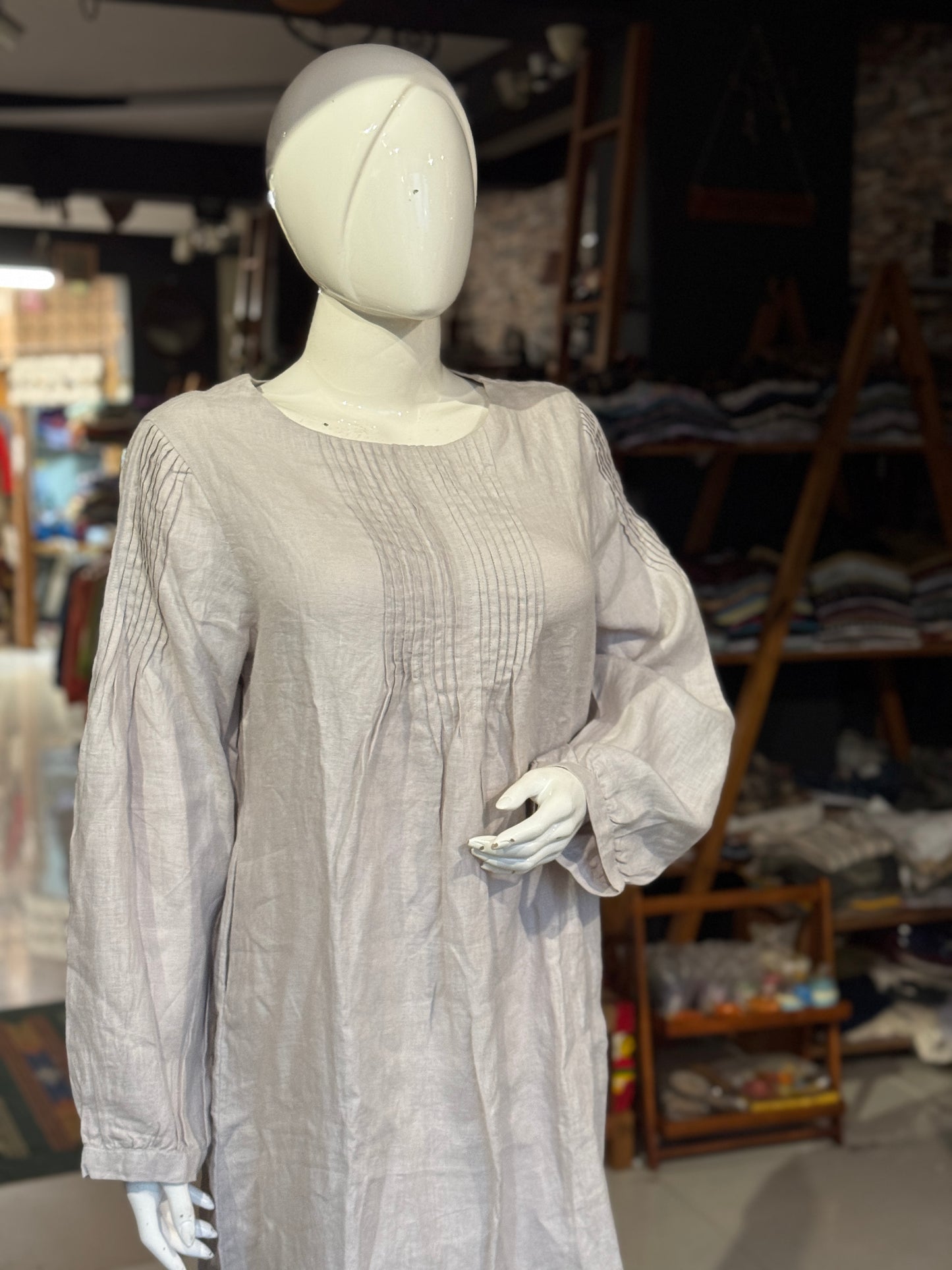 Light grey pin-tucks linen hand woven dress with long sleeves