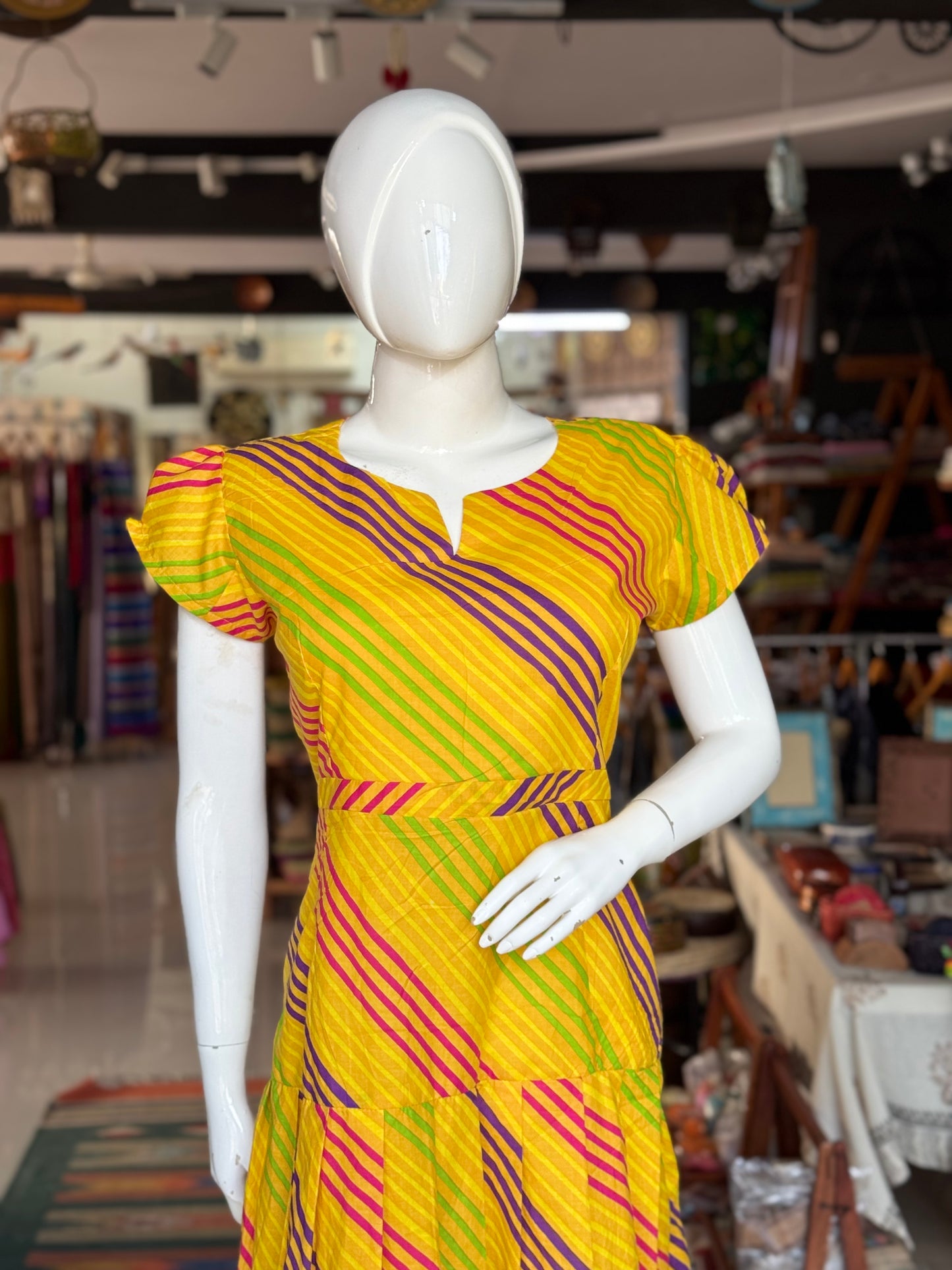 Yellow screen printed leheriya cotton dress